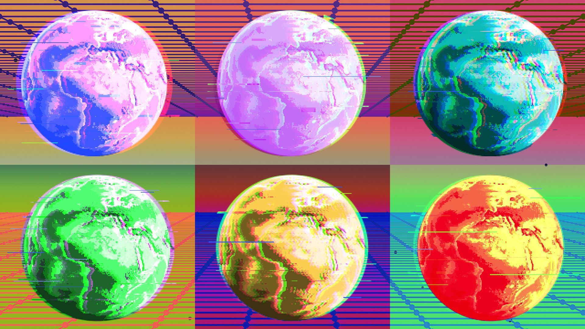 A series of colored worlds in boxes