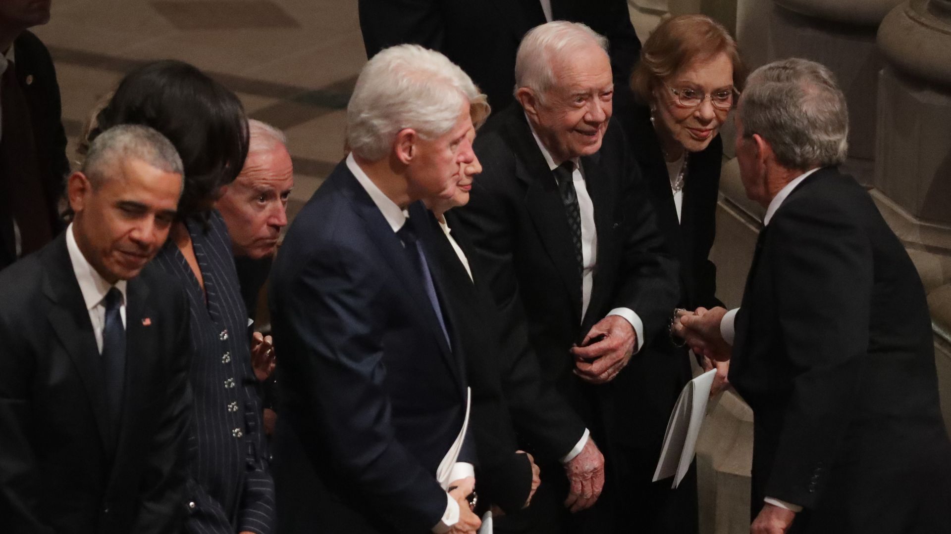  President Joe Biden, Jill Biden, former Vice President Al Gore, (1st Row) President Donald Trump, first lady Melania Trump, former President Barack Obama, Michelle Obama, former President Bill Clinton, Hillary Clinton, Jimmy Carter and Rosalynn Carter attend the state funeral for George HW Bush