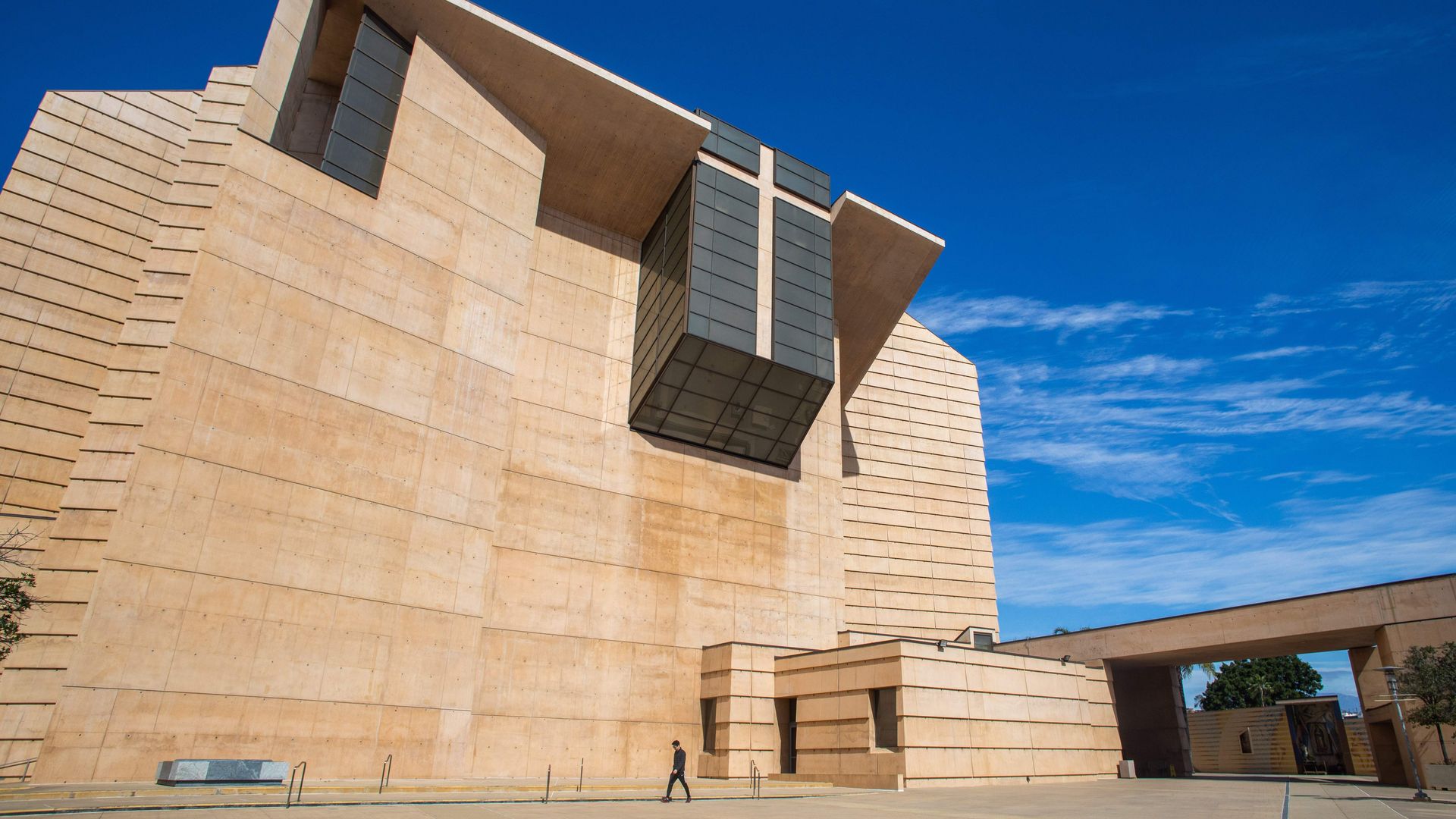 Cathedral of Our Lady of the Angels with the church doors closed to the public while the Archbishop, Jose H. Gomez, leads an online Sunday Service on March 22, 2020 in Los Angeles