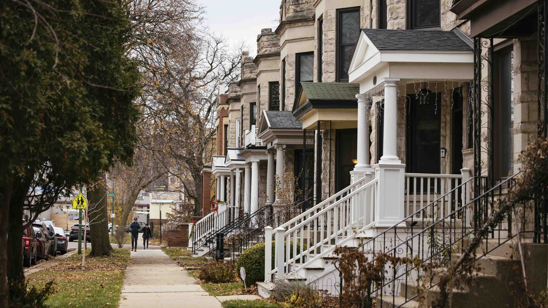 Two-flat apartment buildings in the Logan Square neighborhood of Chicago.