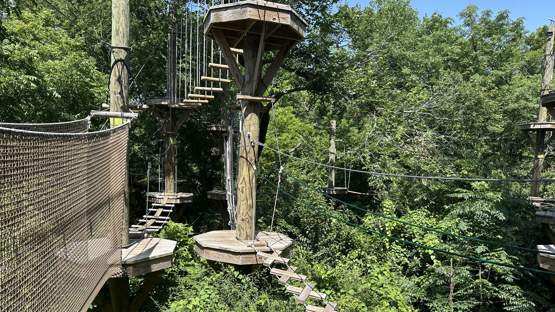 Elevated treetop obstacle course with wooden platforms, rope ladders, and hanging bridges amid dense greenery and blue sky.