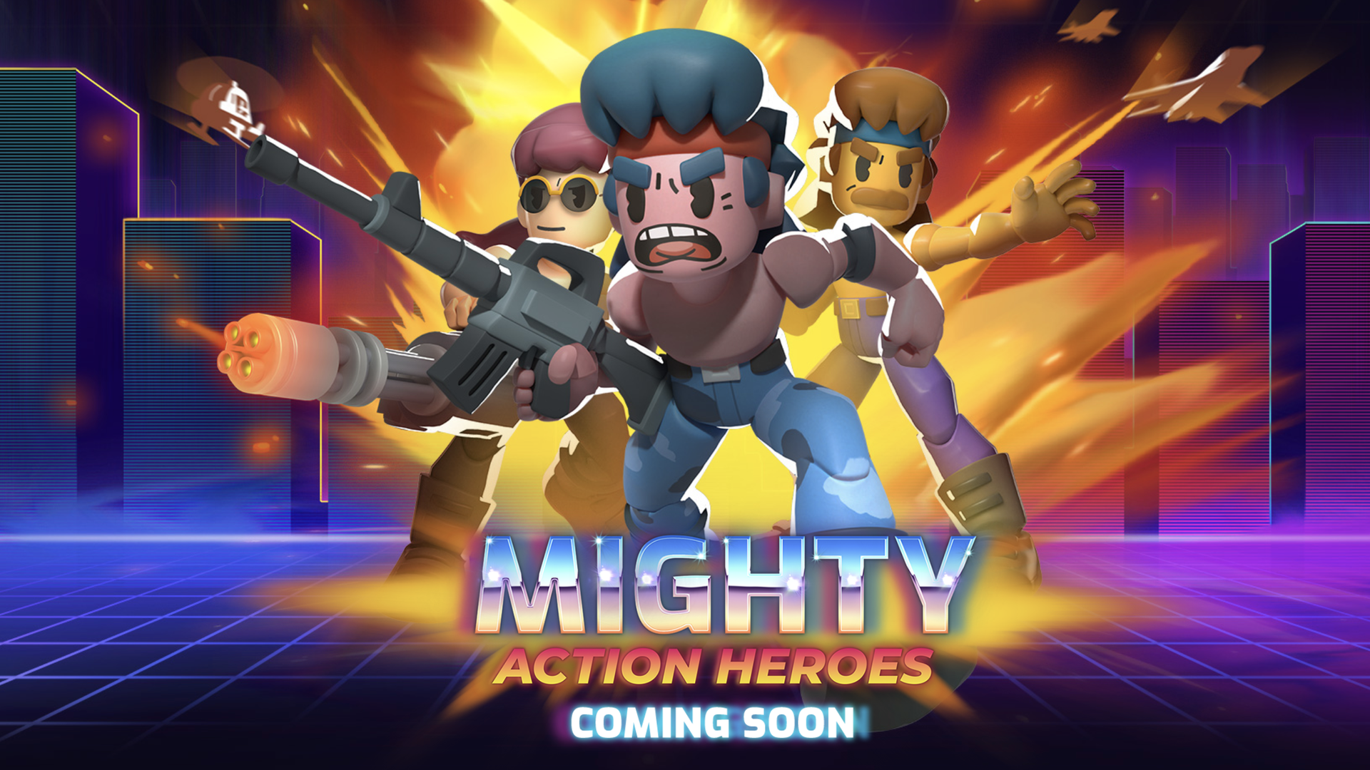 Illustration of video game character styled to look like Rambo and other action movie heroes