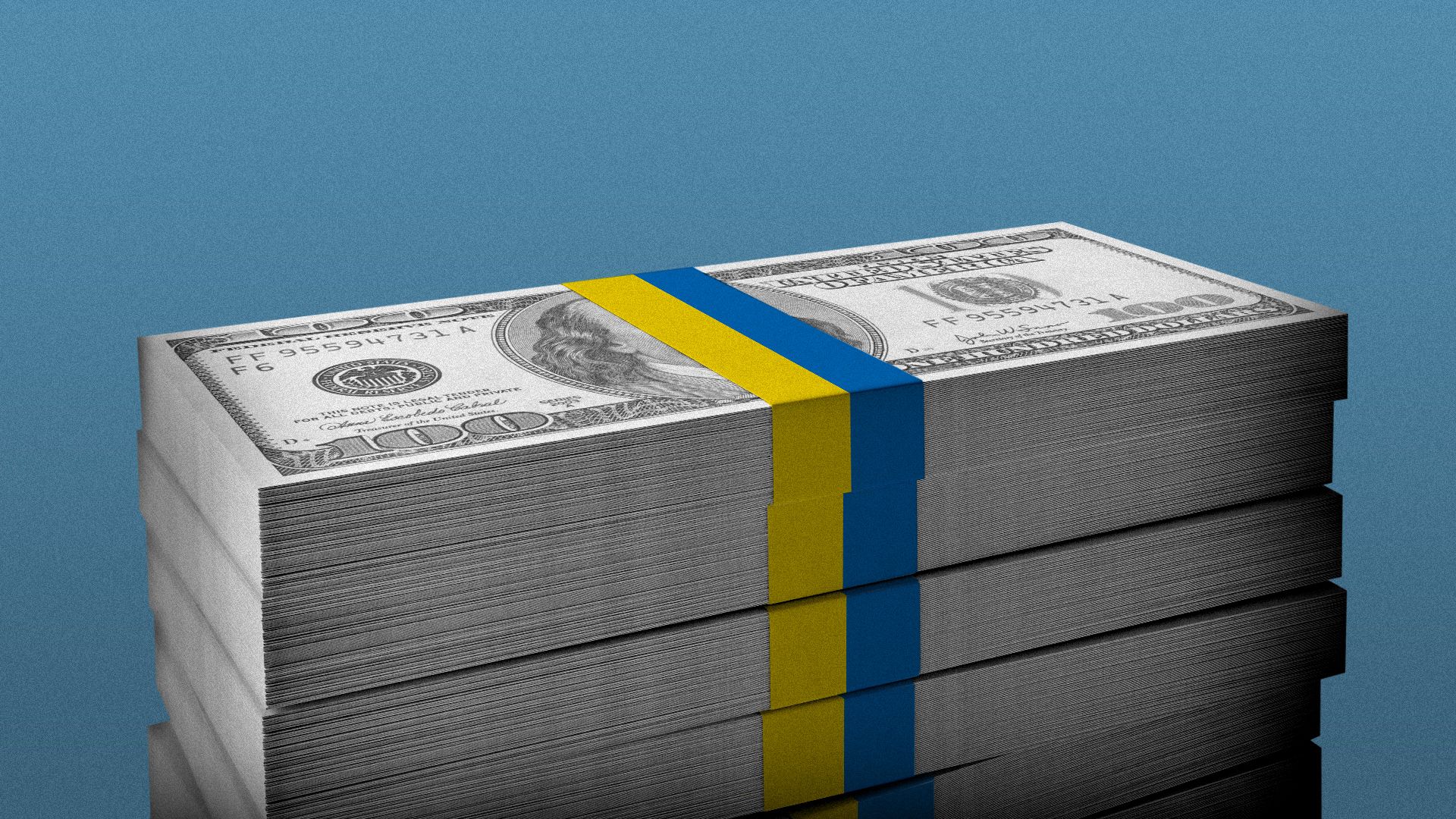 Illustration of a large stack of hundred dollar bills wrapped in the Ukrainian flag colors.