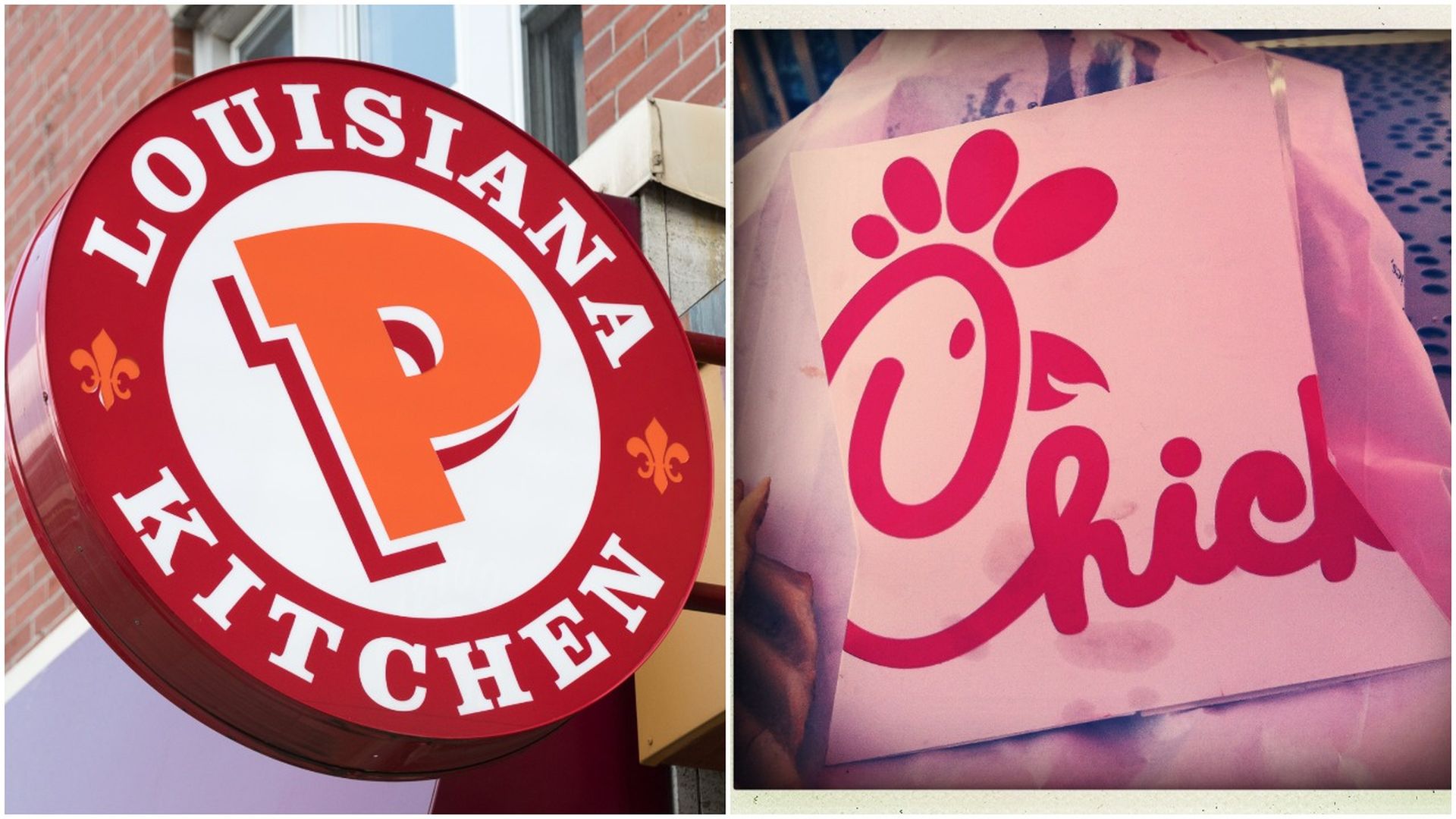 pic stitch of popeyes chicken sign and chick-fil-a sandwich