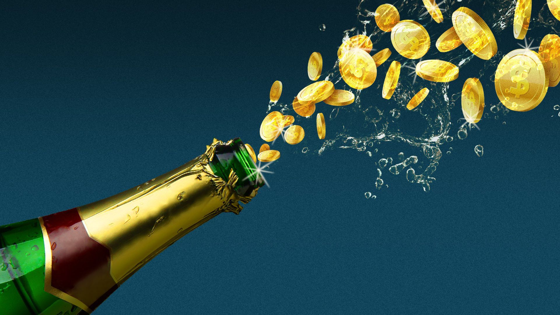Illustration of coins flowing out of a champagne bottle.