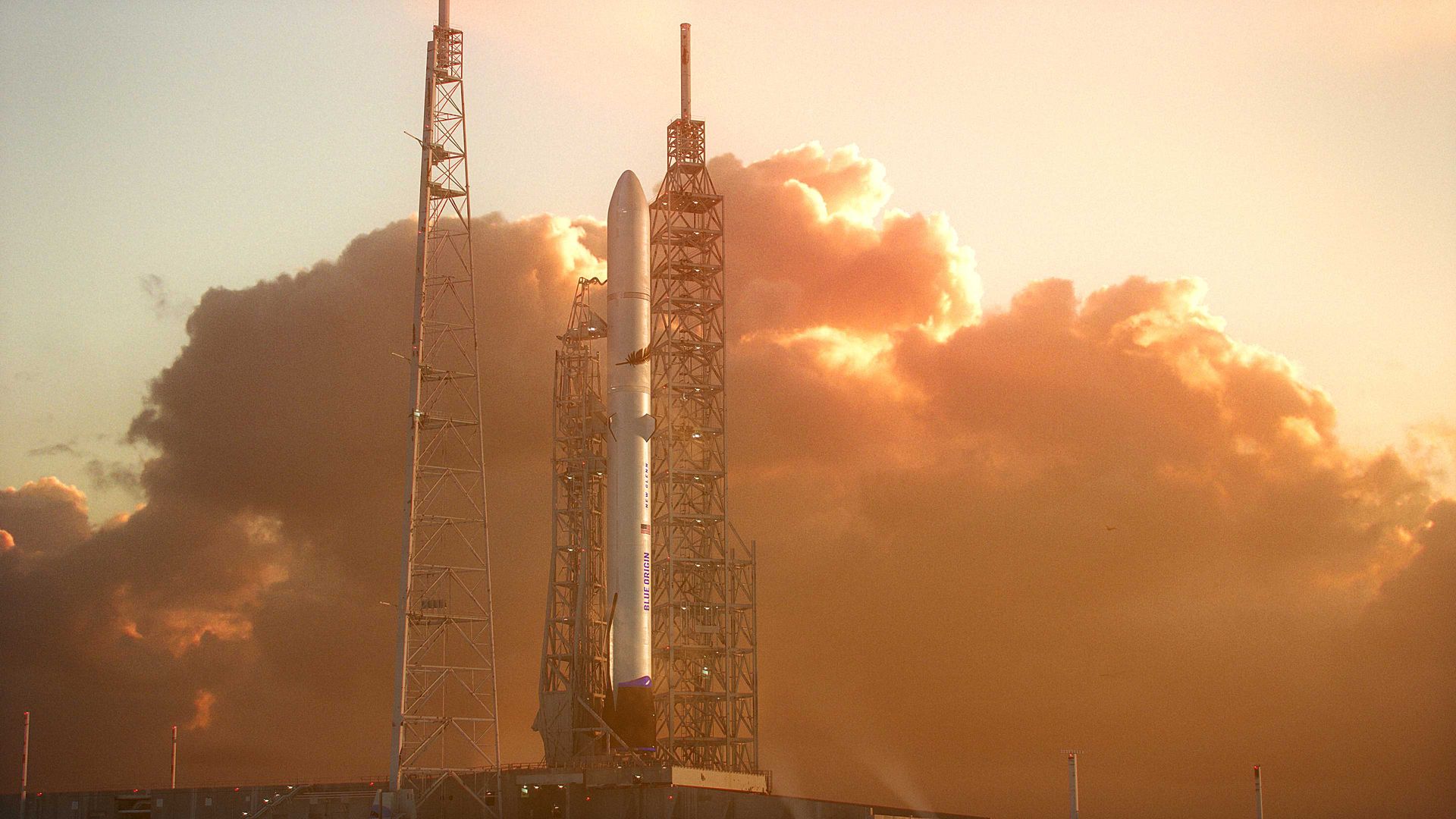 Artist's illustration of a Blue Origin New Glenn rocket on a launch pad in golden light