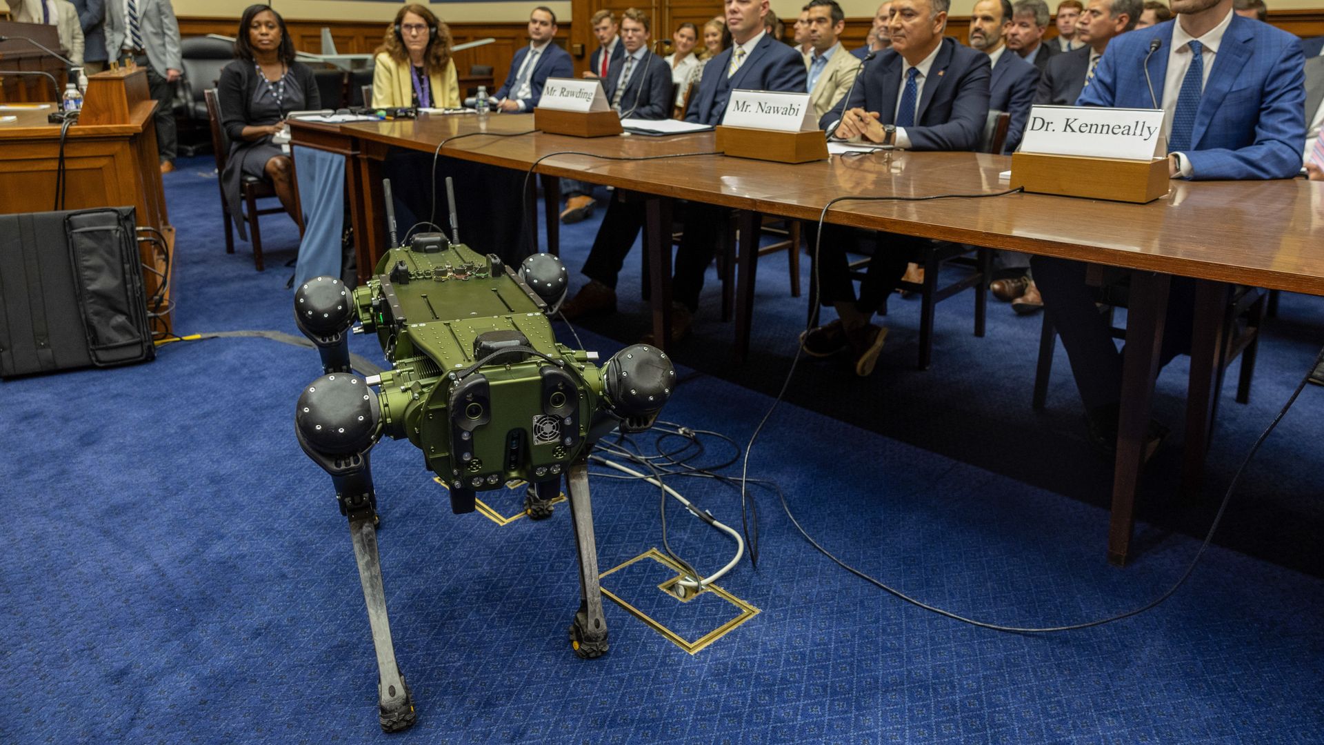 Ghost Robotics officials speaks as Vision 60 UGV walks in during a House hearing at the U.S. Capitol on June 22, 2023 in Washington.