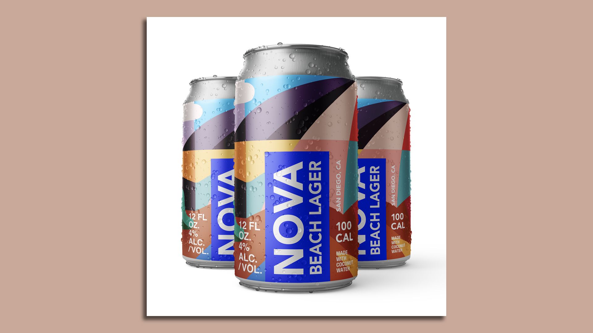 Three colorful beer cans on a light pink background.