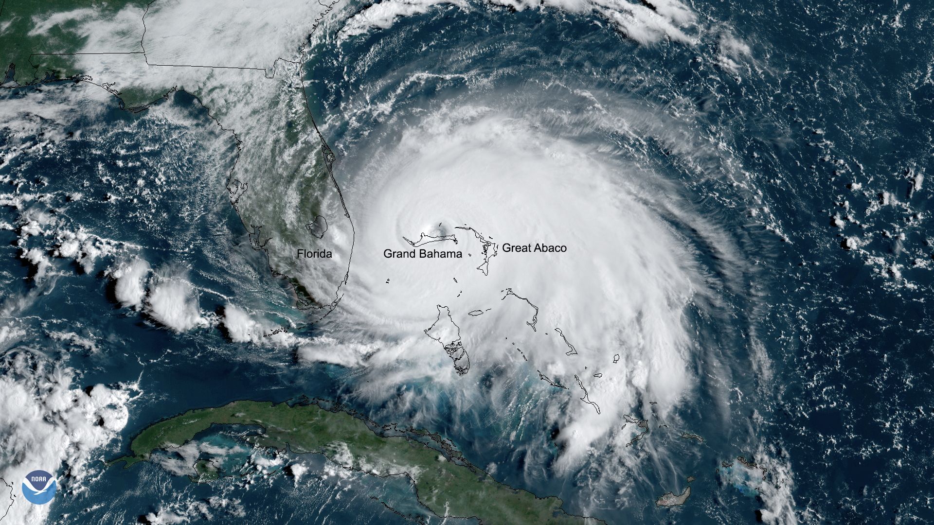 Satellite view of Hurricane Dorian in 2019 over the Bahamas.
