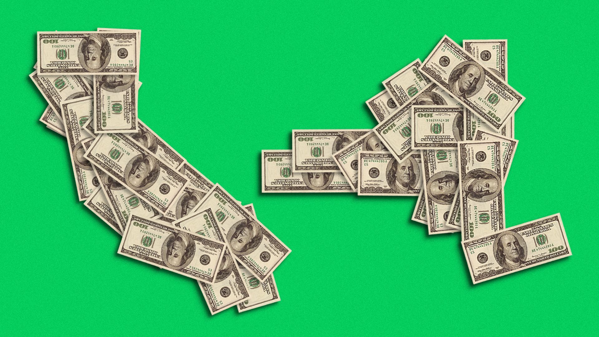 Illustration of California and New York state shapes formed by piles of one hundred dollar bills