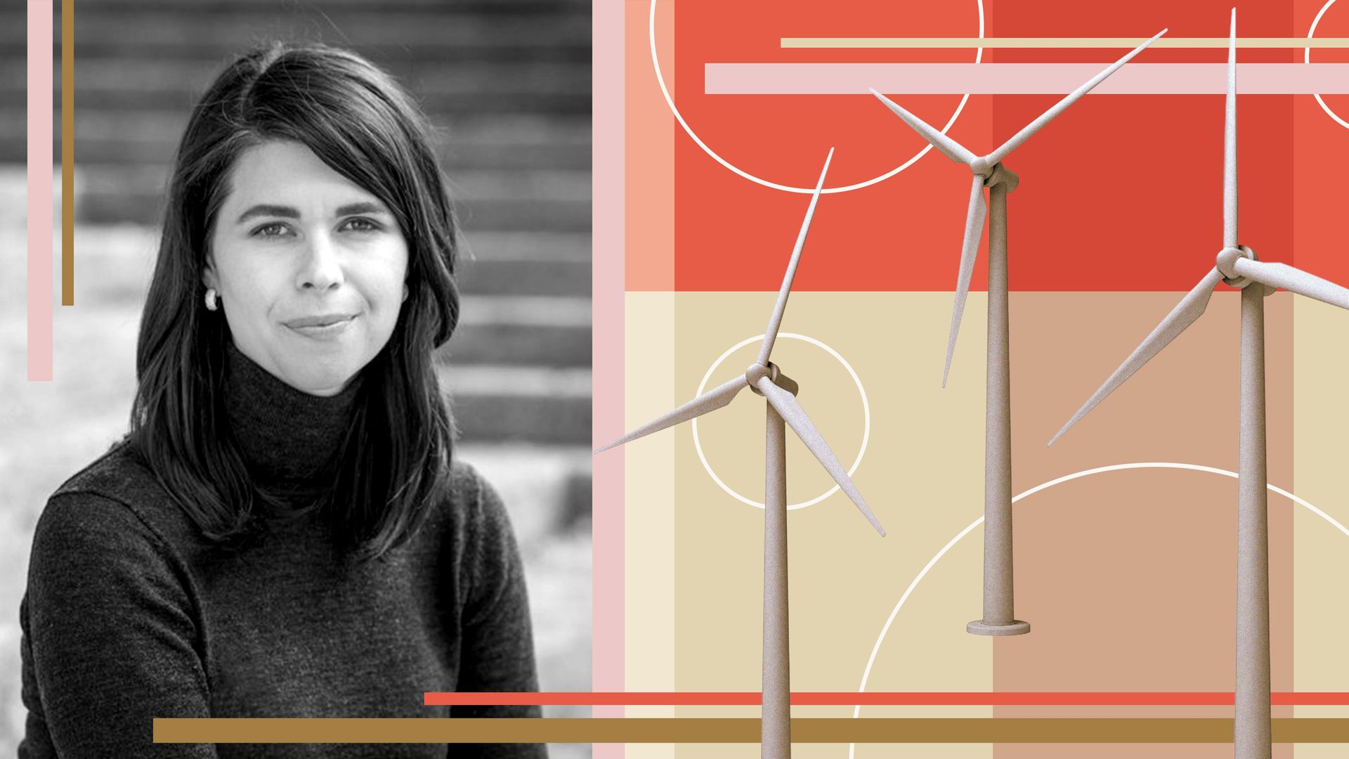 Photo illustration of Emily Kirsch with collage of abstract shapes and wind turbines.