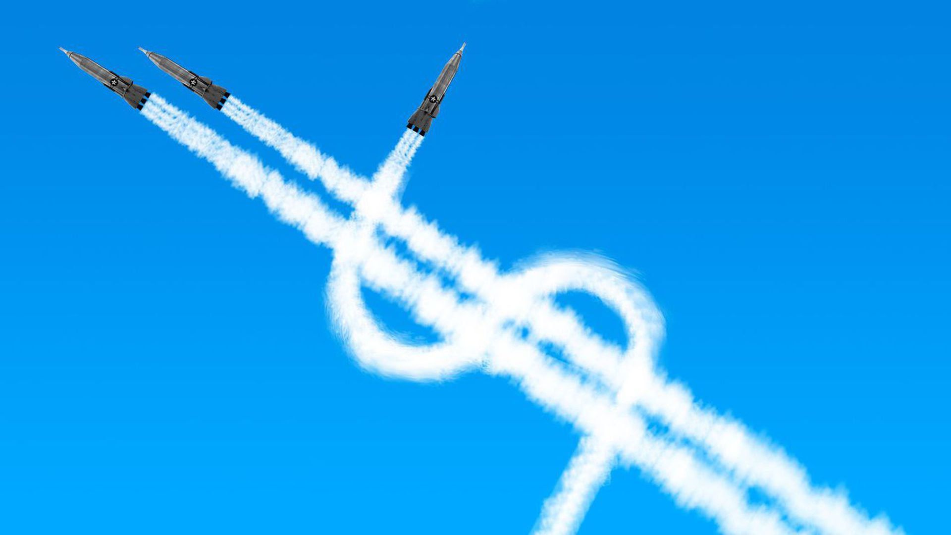 Illustration of three rocket missiles flying and leaving smoke trails in the shape of a dollar sign.