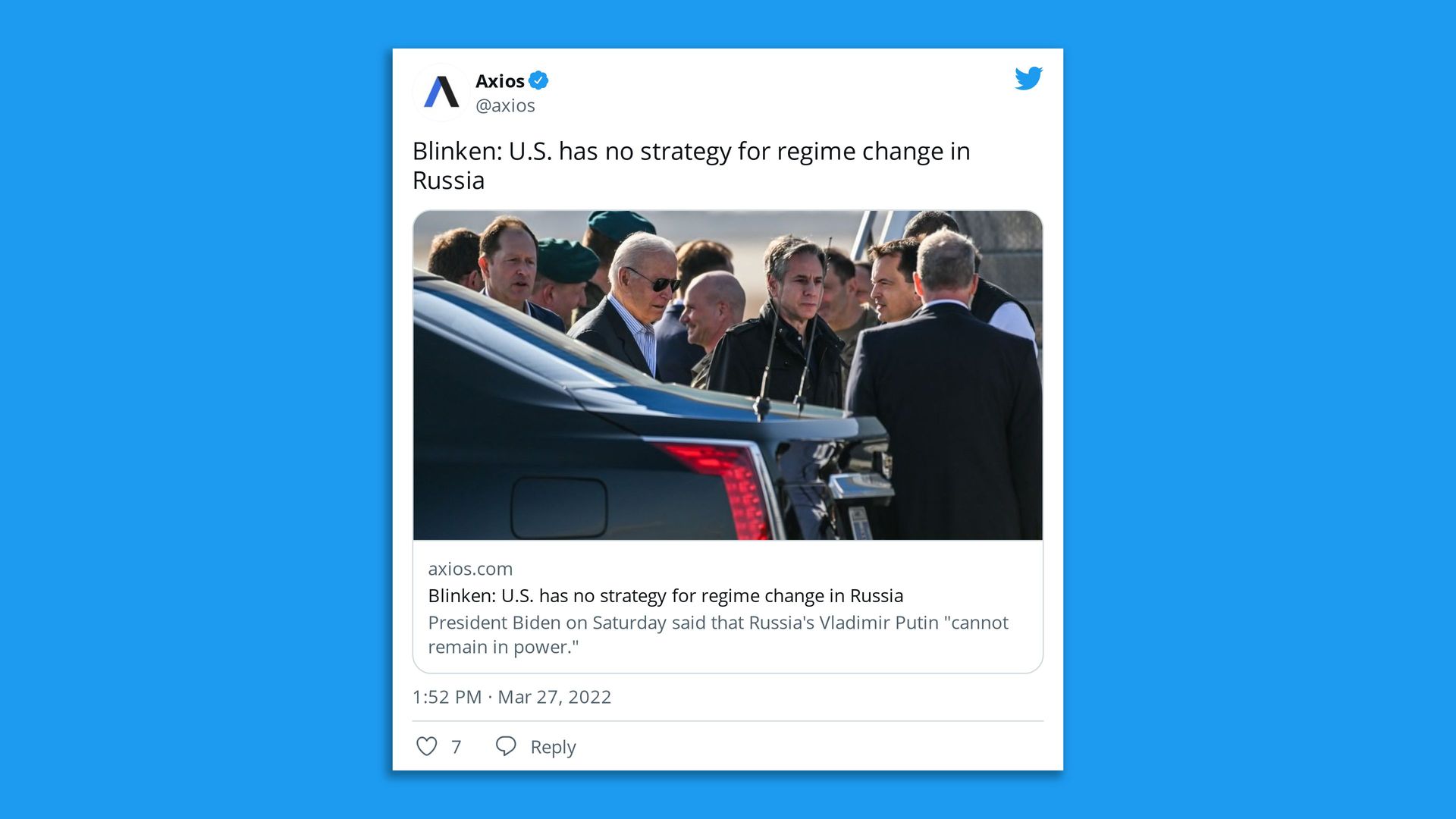 A screen grab shows a tweet with Secretary of State Antony Blinken saying the U.S. isn't seeking regime change in Russia.
