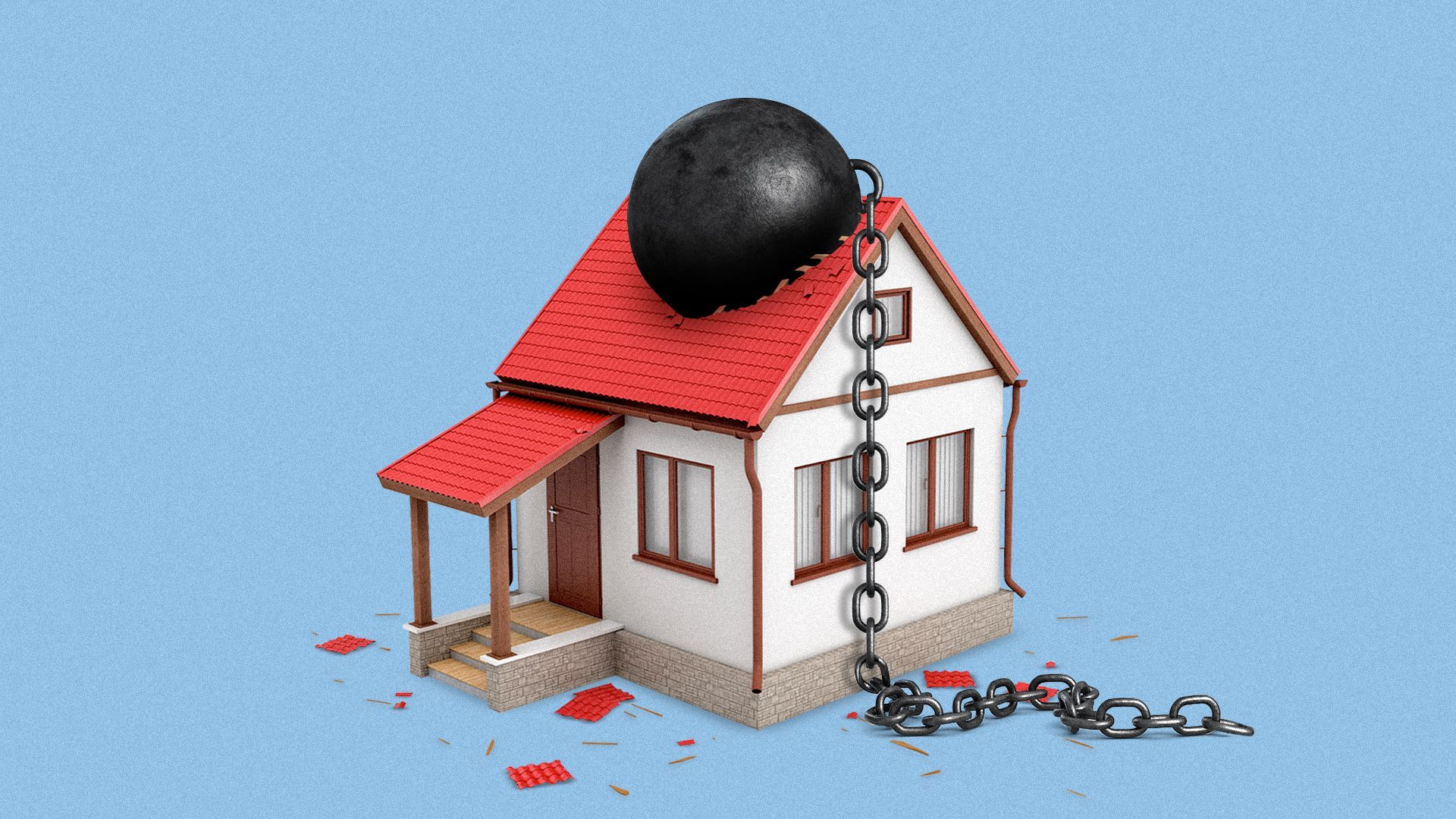 Illustration of a ball and chain crashing into the roof of a house.  