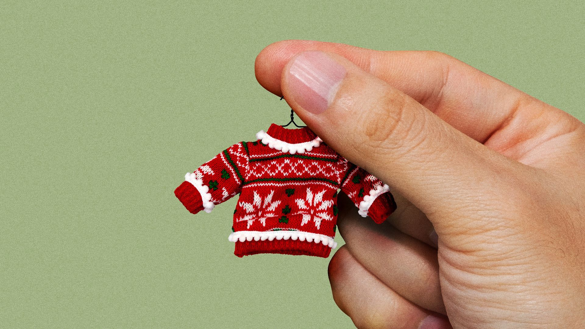 Illustration of a person holding a very tiny ugly sweater. 