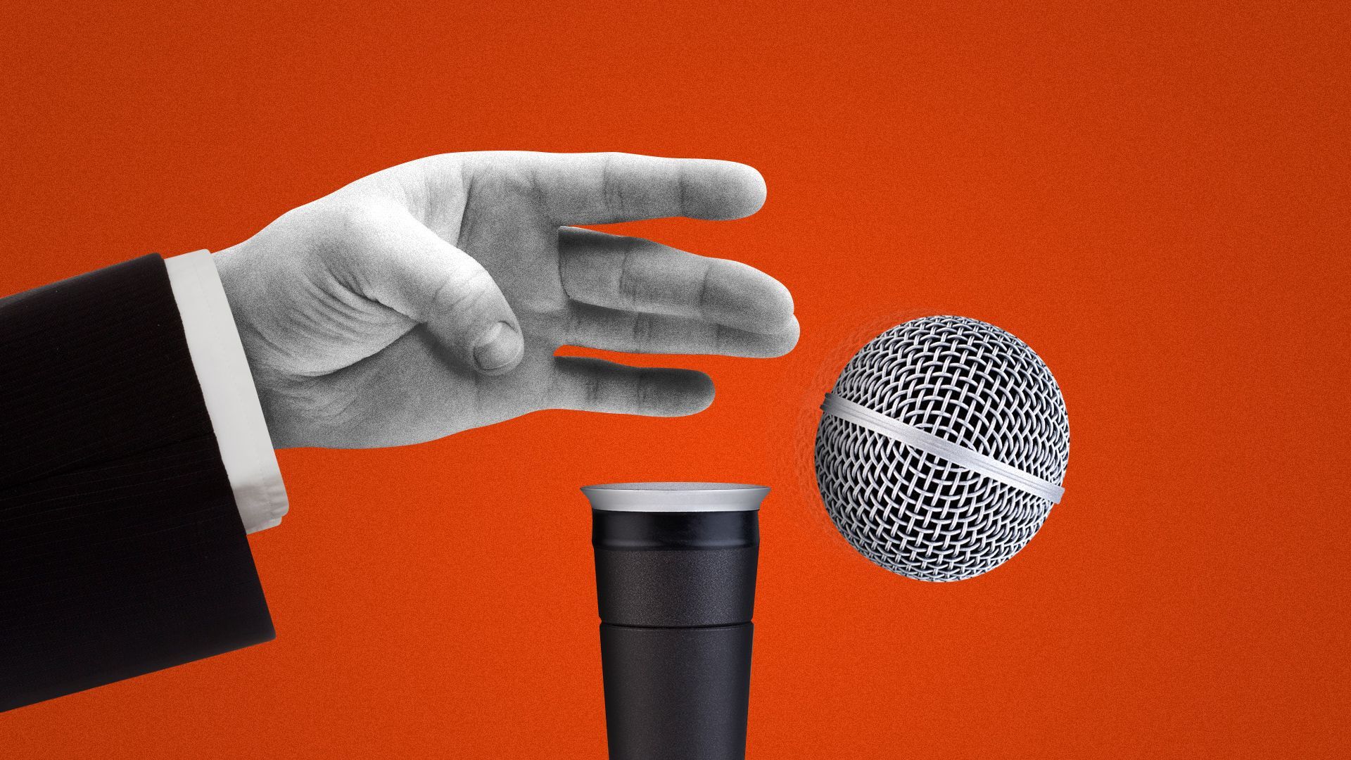 Illustration of a hand flicking the top of a microphone off of its body. 