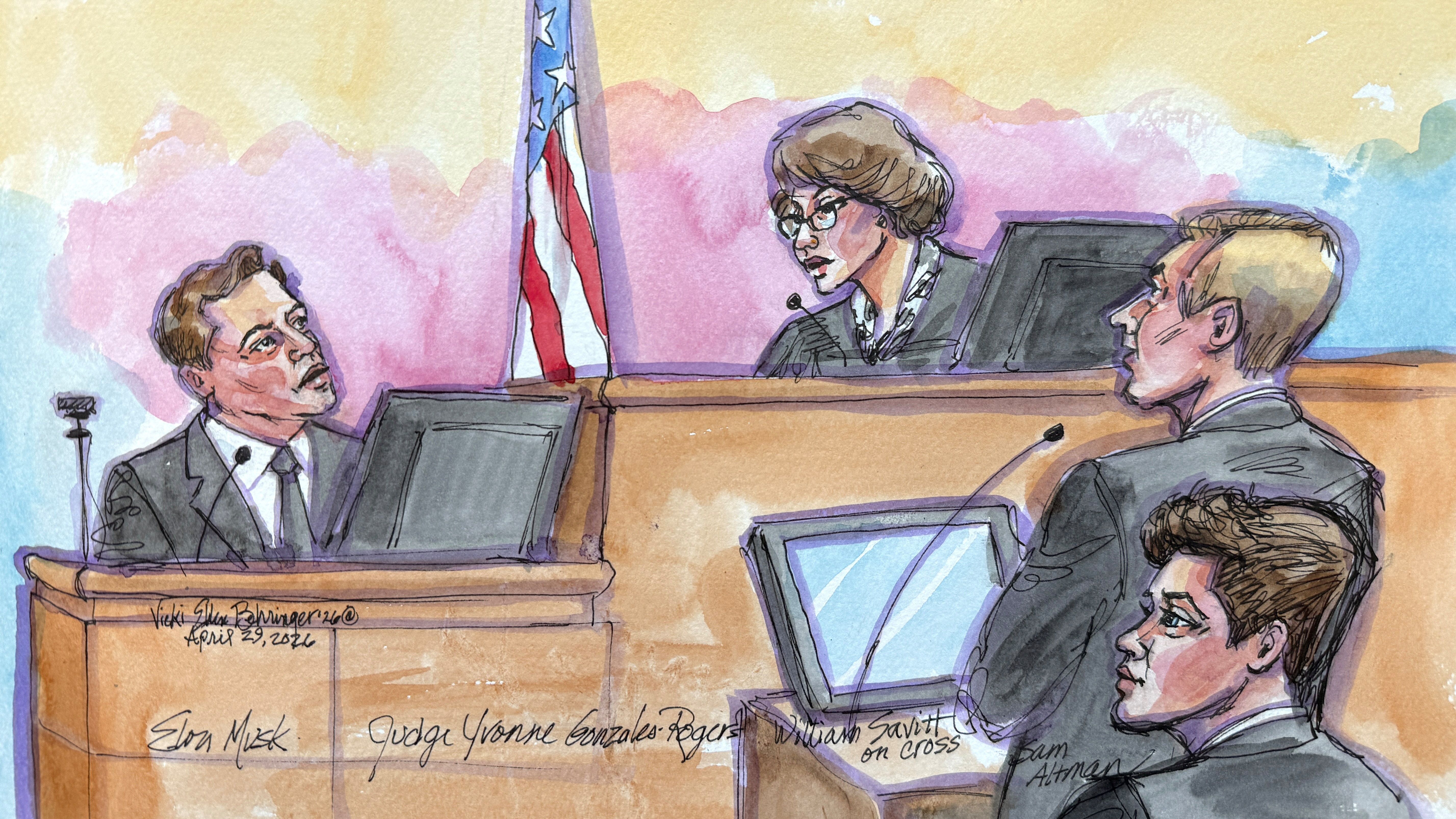 Elon Musk speaks with U.S. District Judge Yvonne Gonzalez Rogers during cross-examination by OpenAI attorney William Savitt as OpenAI CEO Sam Altman watches in Oakland, Calif., last week.