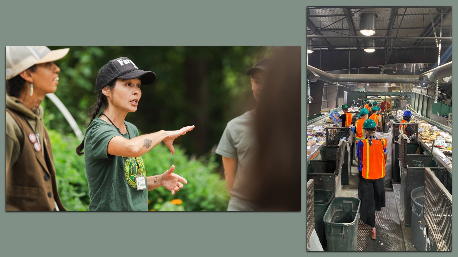 Left: a woman in a green shirt and black cap speaks and gestures outdoors; right: workers in orange vests and green helmets sort trash on a conveyor at a waste plant.