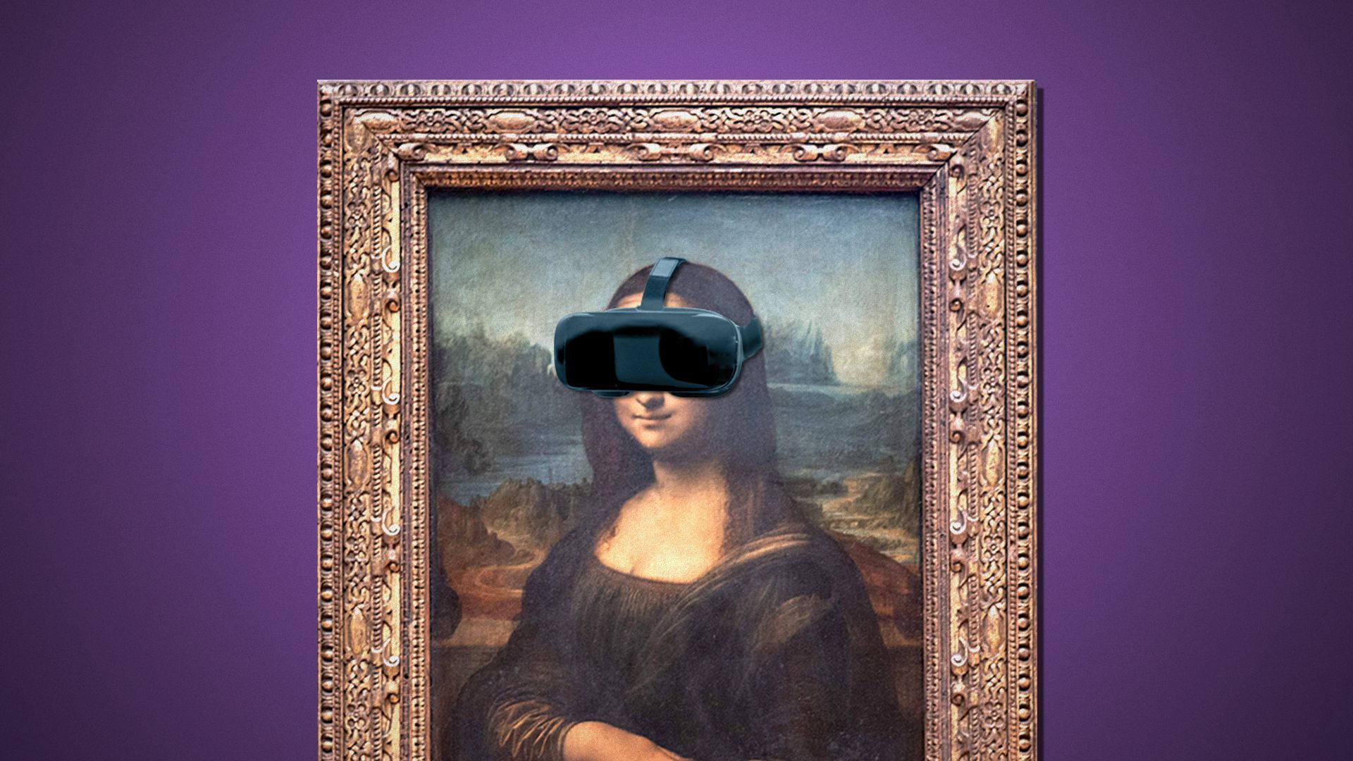 Illustration of a framed painting of Mona Lisa wearing a VR headset.