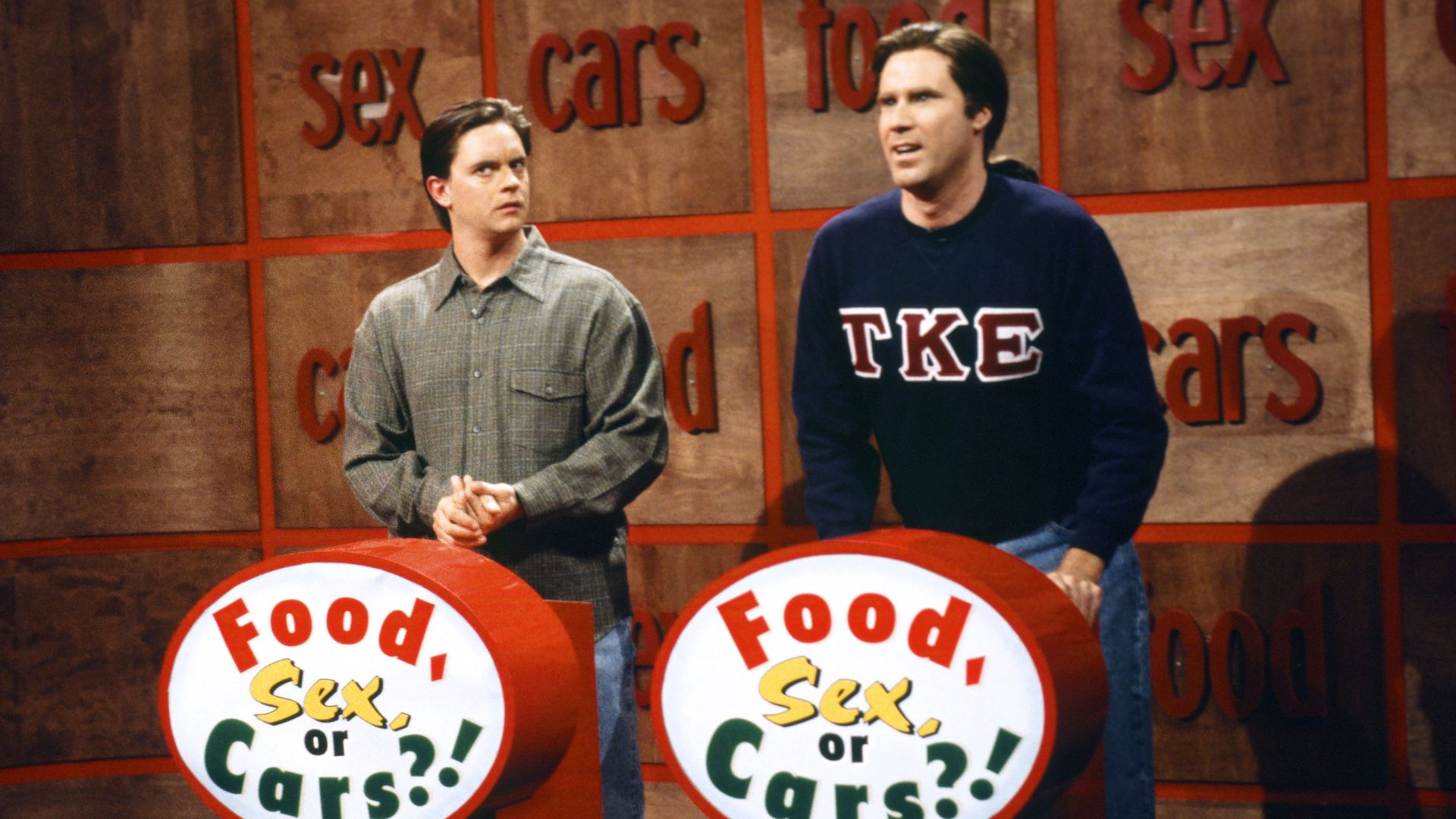 Jim Breuer and Will Ferrell appear in the  "Food, Sex, or Cars?!" skit in 1997 -- (Photo by: Mary Ellen Matthews/NBCU Photo Bank/NBCUniversal via Getty Images via Getty Images)