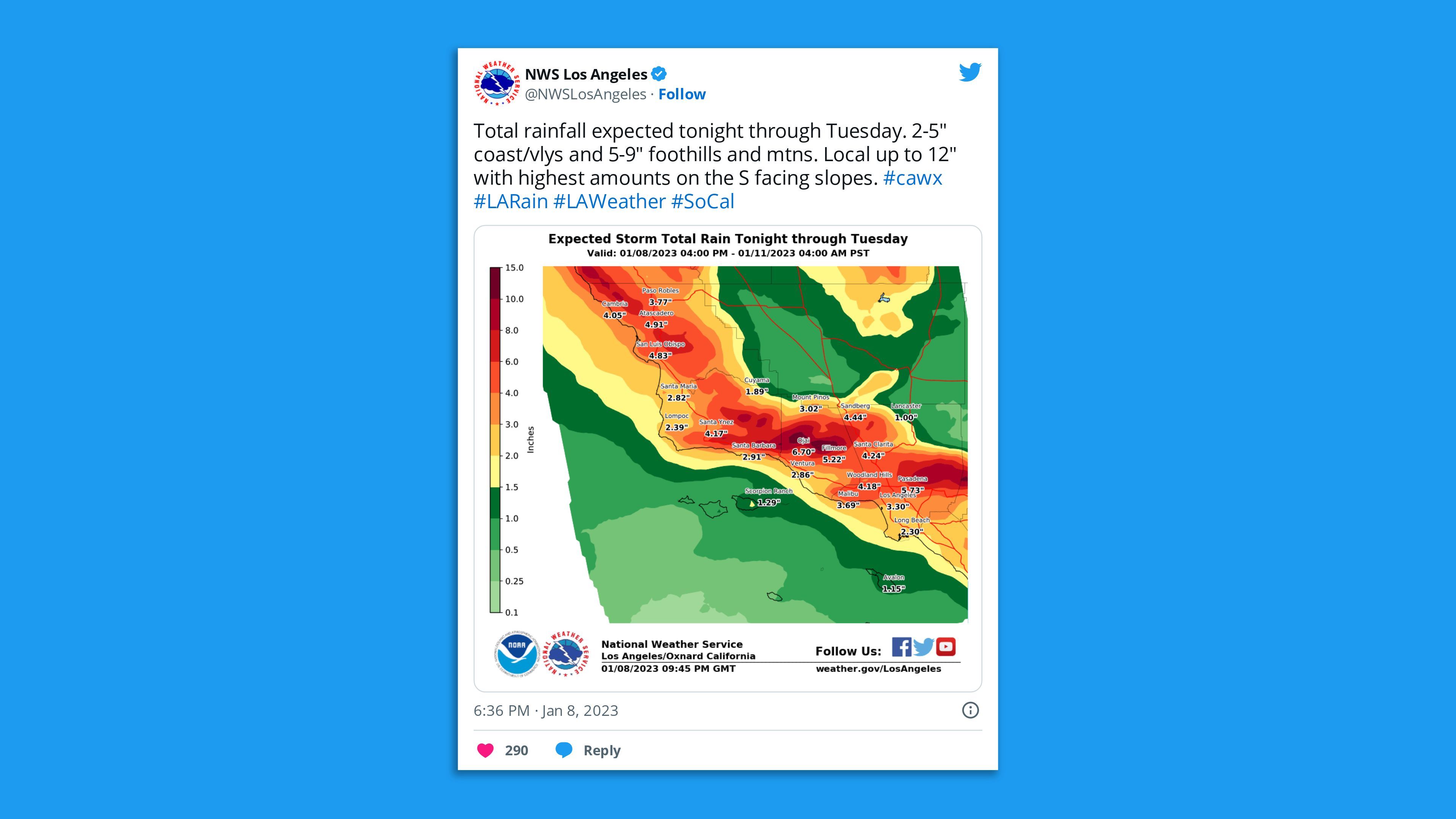 A screenshot of an NWS tweet warning, " Total rainfall expected tonight through Tuesday. 2-5" coast/valleys and 5-9" foothills and mountains."