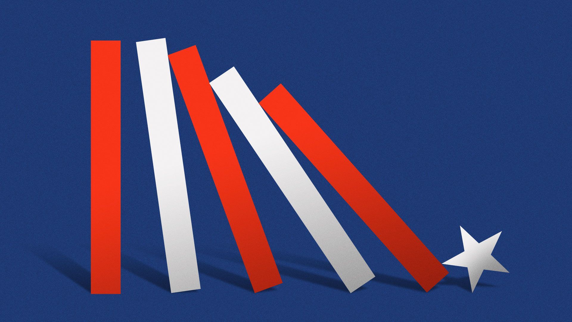 Illustration of US stripes falling like dominoes pushed by one star
