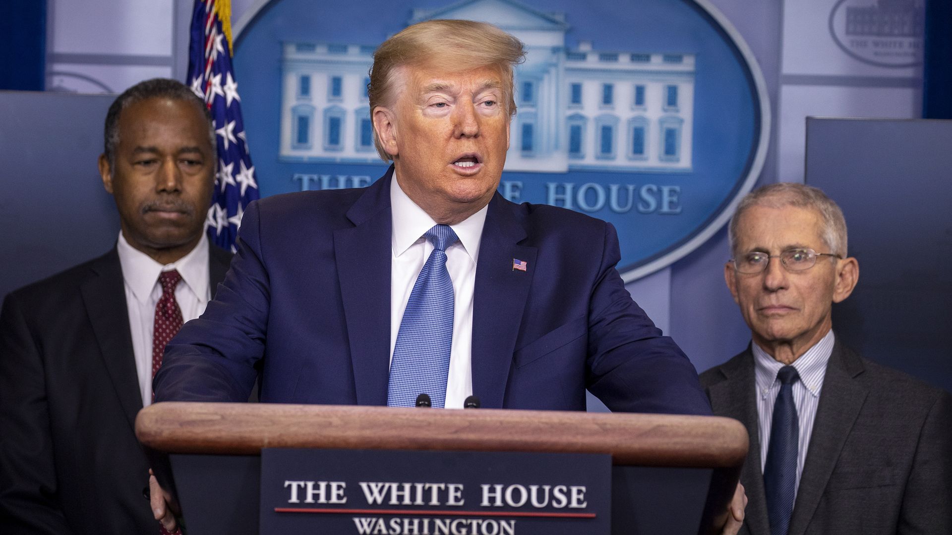 President Donald Trump speaks during a briefing in the James Brady Press Briefing Room at the White House on March 21