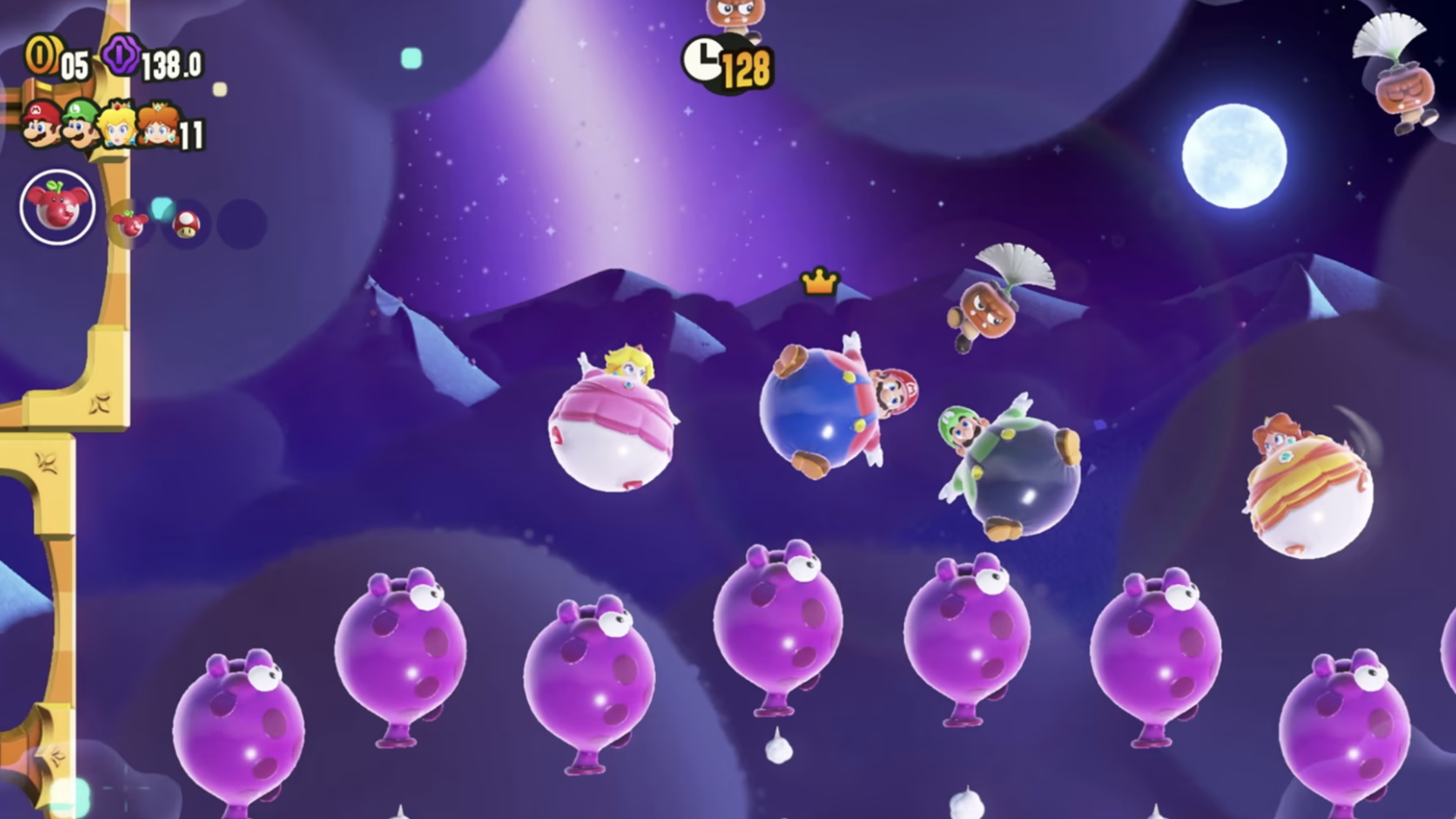 Video game screenshot of Mario, Luigi and Princess Peach inflated like balloons, floating in a purple sky