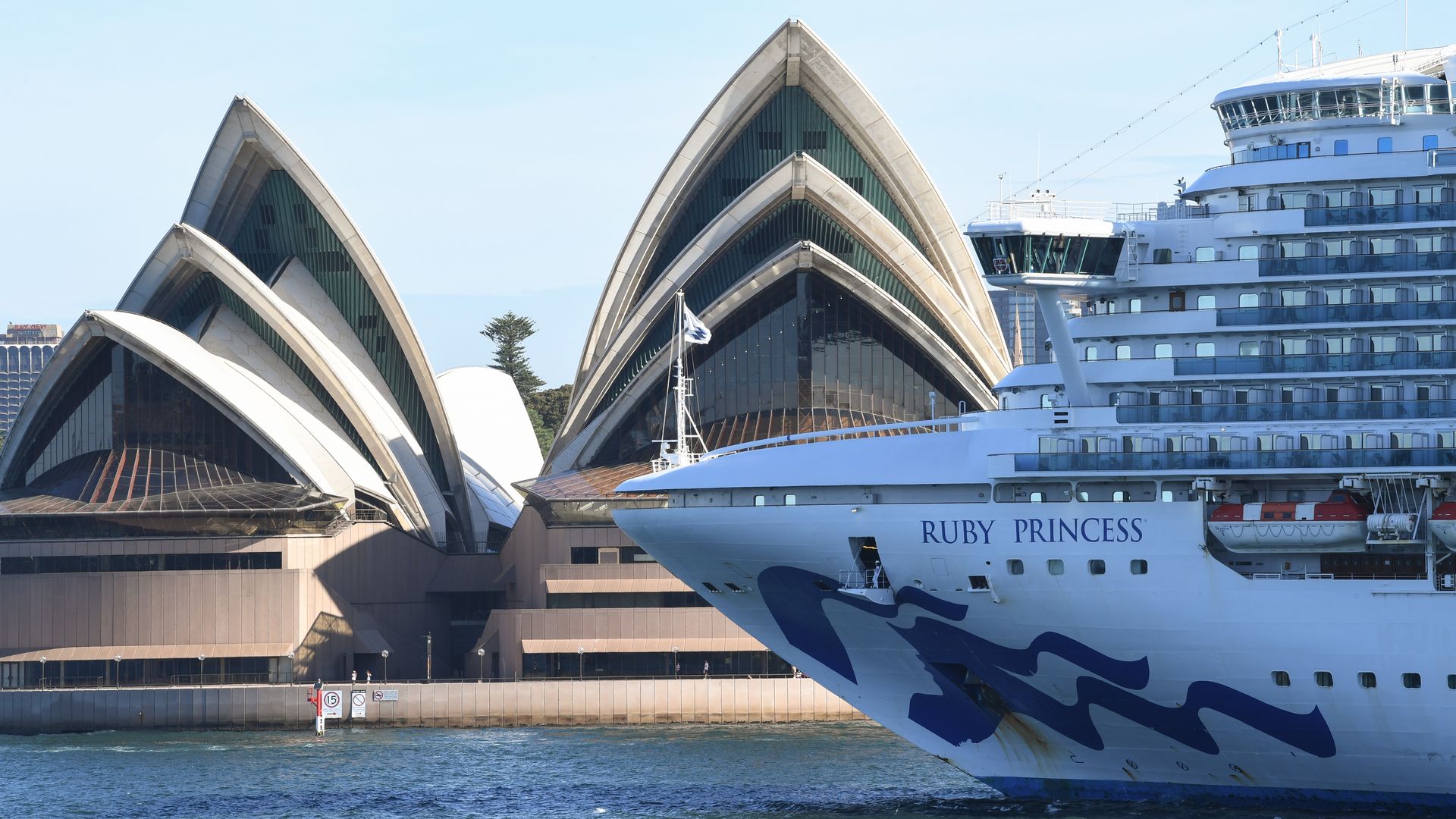The Ruby Princess cruise ship departs the Overseas Passenger terminal in Circular Quay on March 19, 2020 in Sydney, Australia.