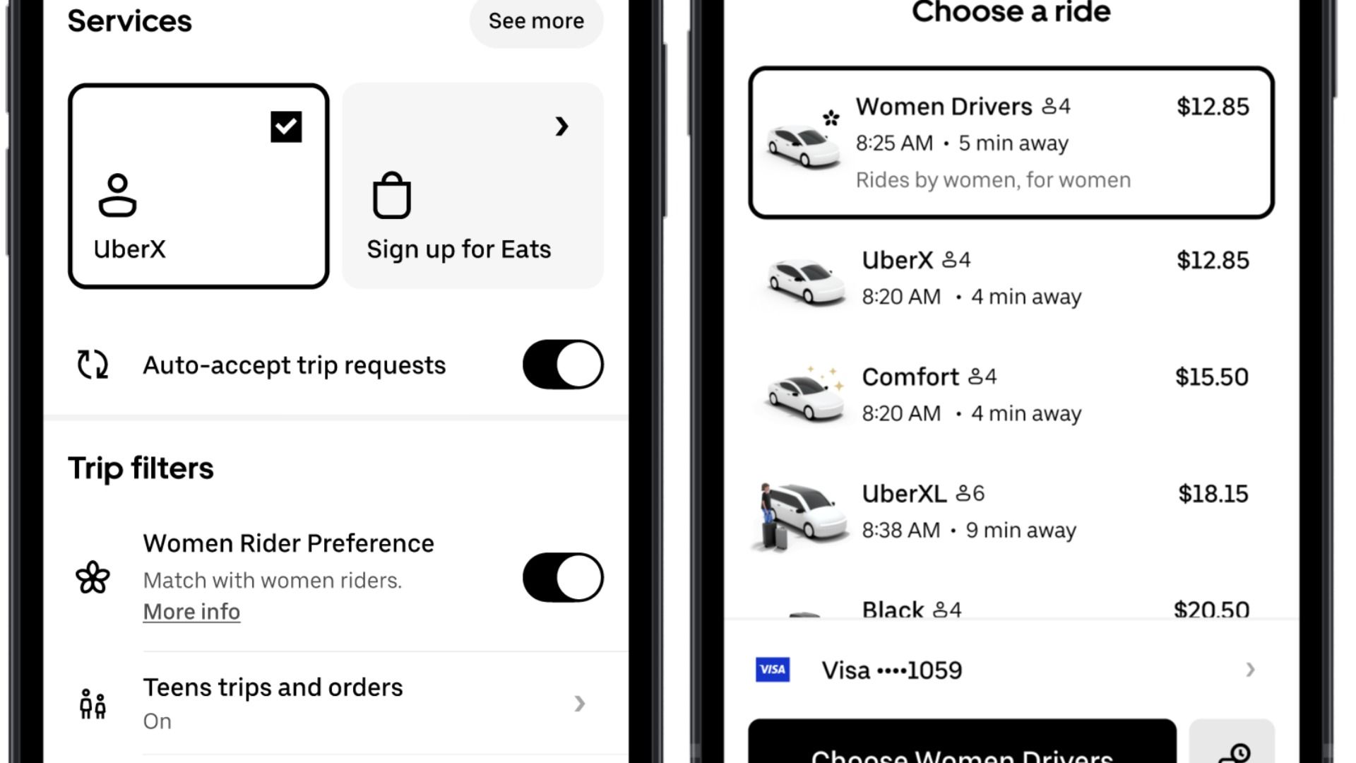 Two phone screens showing ride options and filters in a ride-sharing app, highlighting Women Drivers, UberX, Comfort, and UberXL with prices and estimated arrival times.