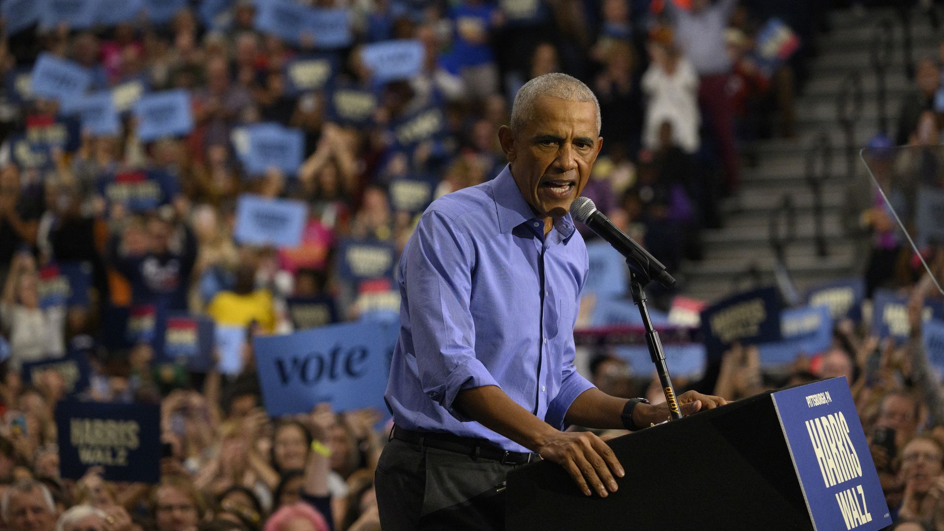  Former U.S. President Barack Obama speaks during a campaign event for Democratic presidential nominee, U.S. Vice President Kamala Harris at the University of Pittsburgh on October 10, 2024 in Pittsburgh, Pennsylvania.