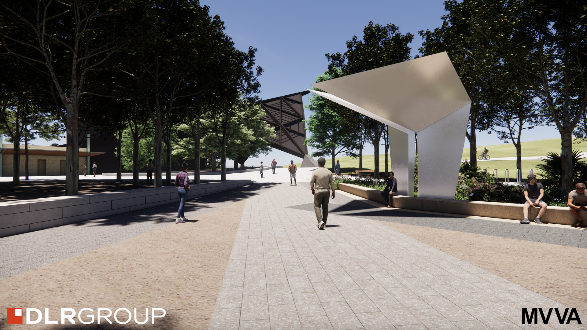 Rendering of an outdoor theater entrance with shade sculptures. 