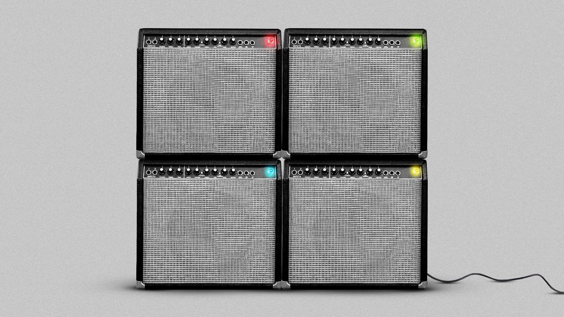 Illustration of four speakers/amplifiers arranged in the shape of the Windows logo. 