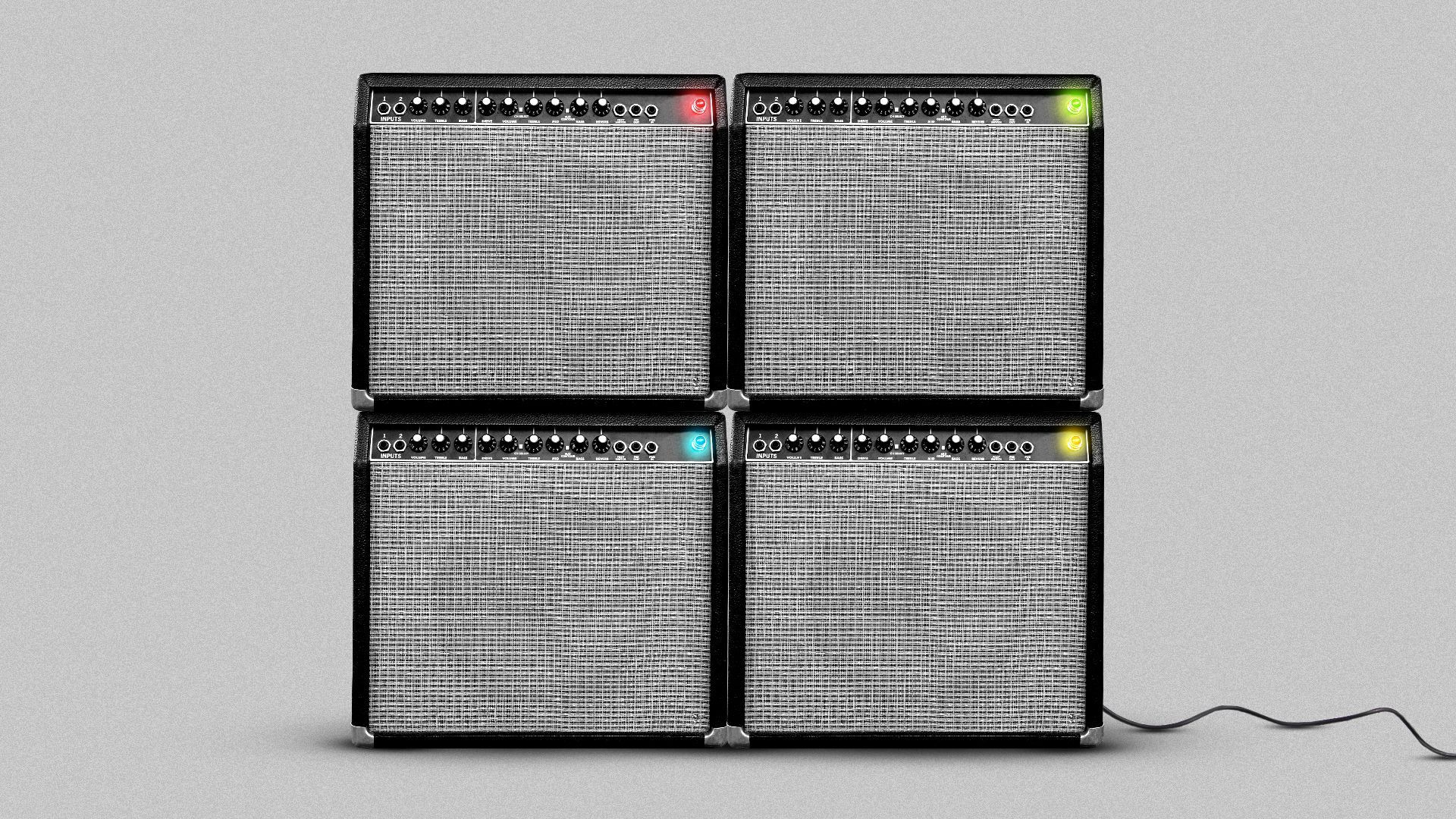 Illustration of four speakers/amplifiers arranged in the shape of the Windows logo.