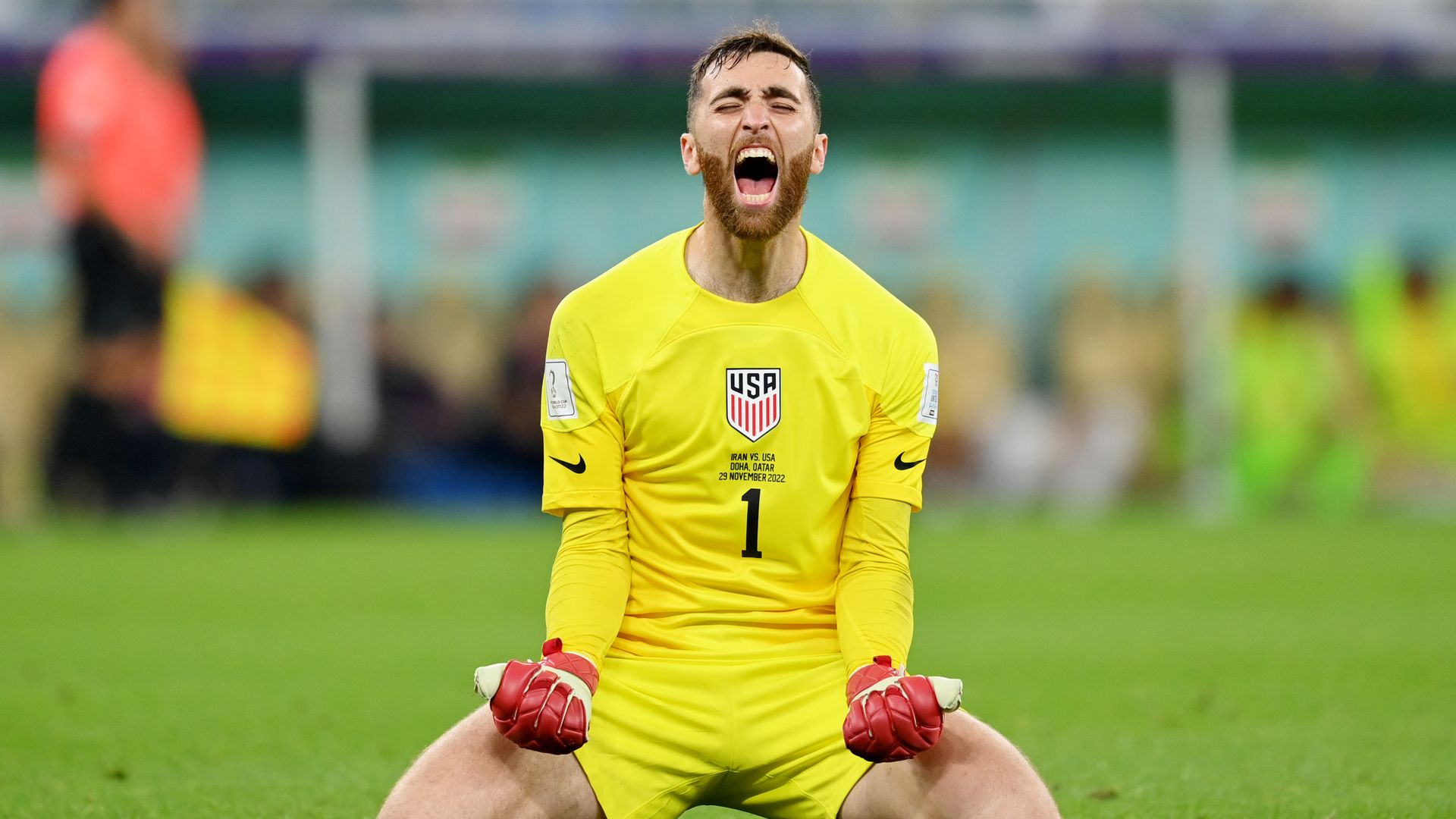 Matt Turner of United States celebrates after their first goal by Christian Pulisic during the FIFA World Cup Qatar 2022 Group B,