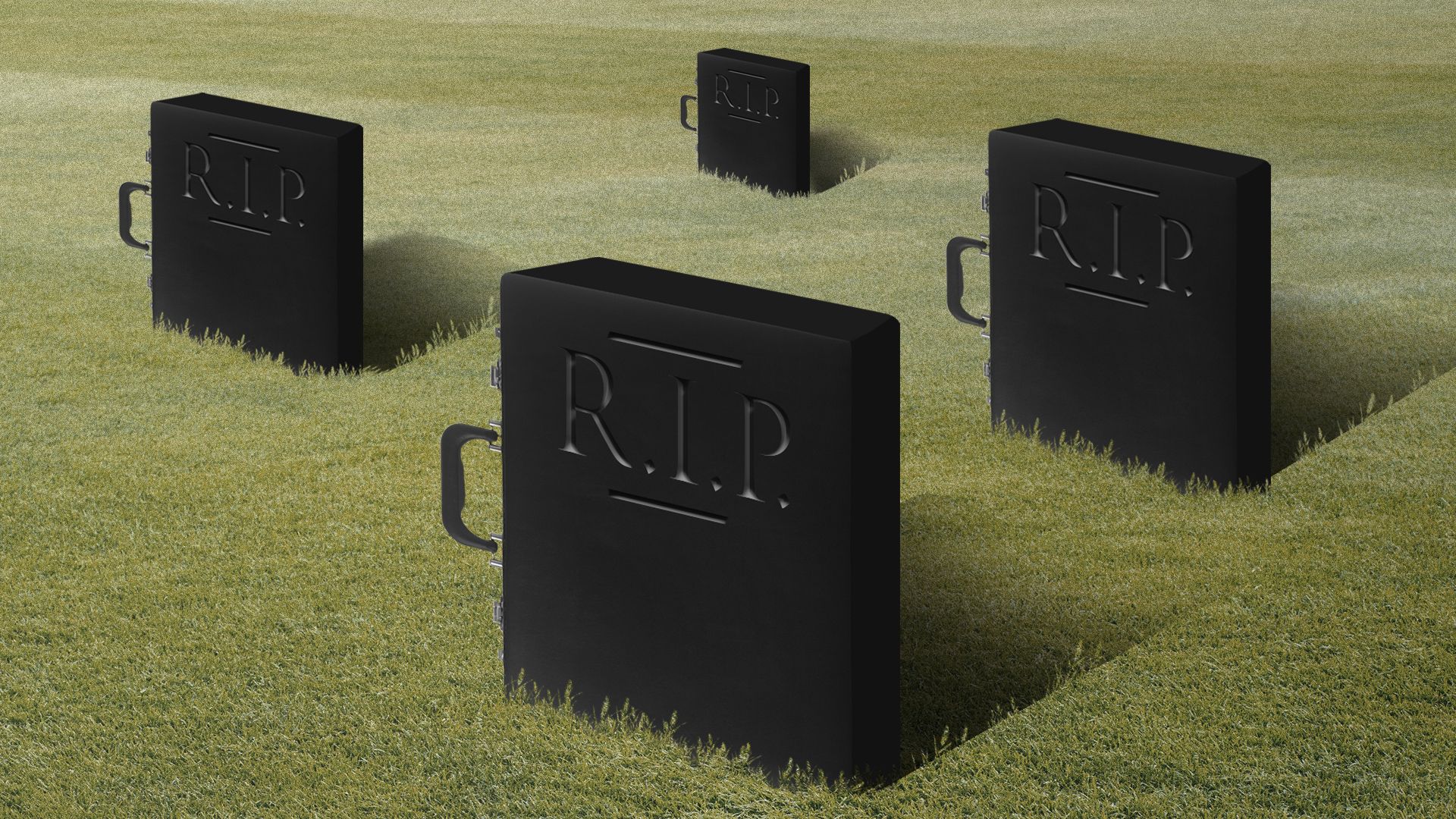 Illustration of a graveyard made up of briefcases.