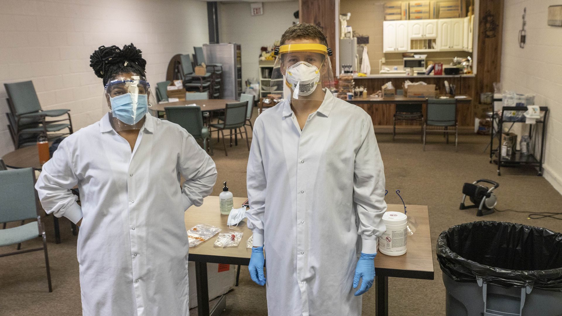Health care workers at a COVID-19 testing center