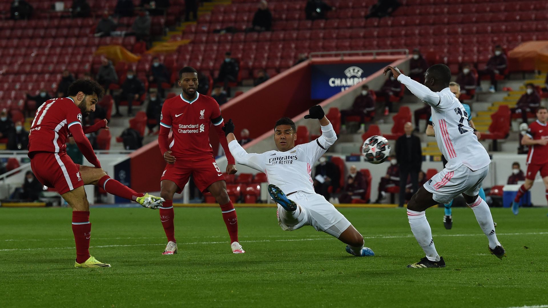 Mohamed Salah of Liverpool during the UEFA Champions League Quarter Final Second Leg match between Liverpool FC and Real Madrid at Anfield on April 14, 2021 in Liverpool, England. 