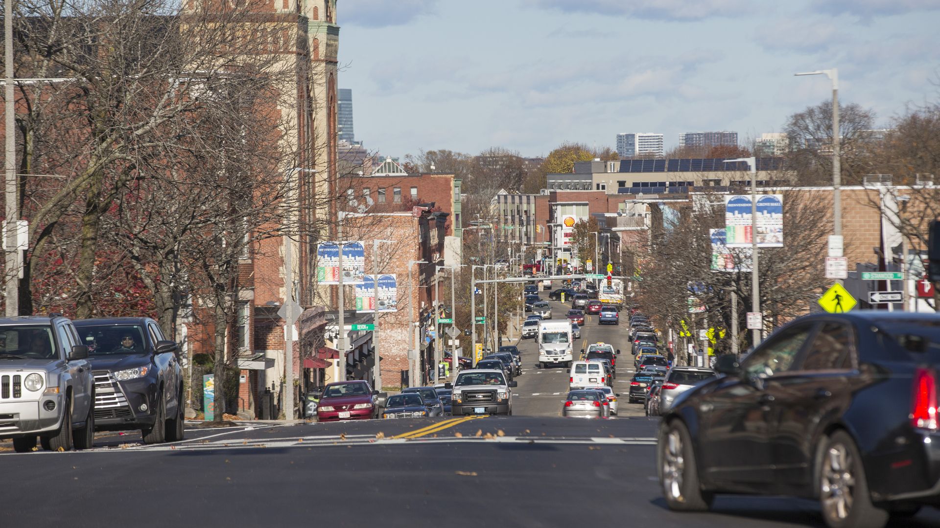 A long shot of Blue Hill Avenue, a main thoroughfare in Boston's Mattapan neighborhood.