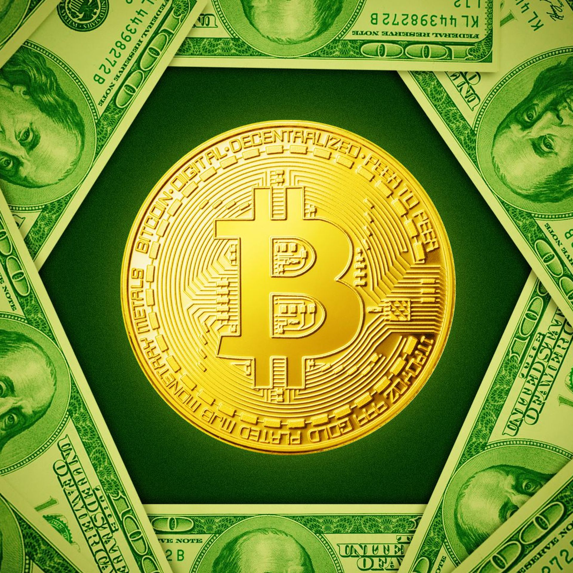 Illustration of a bitcoin surrounded by hundred dollar bills.