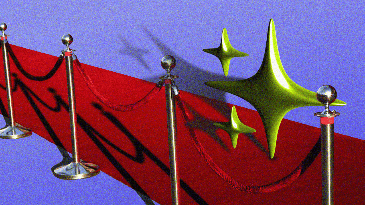 Animated illustration of a 3D sparkle emoji posing on a red carpet as camera flashes go off around it.