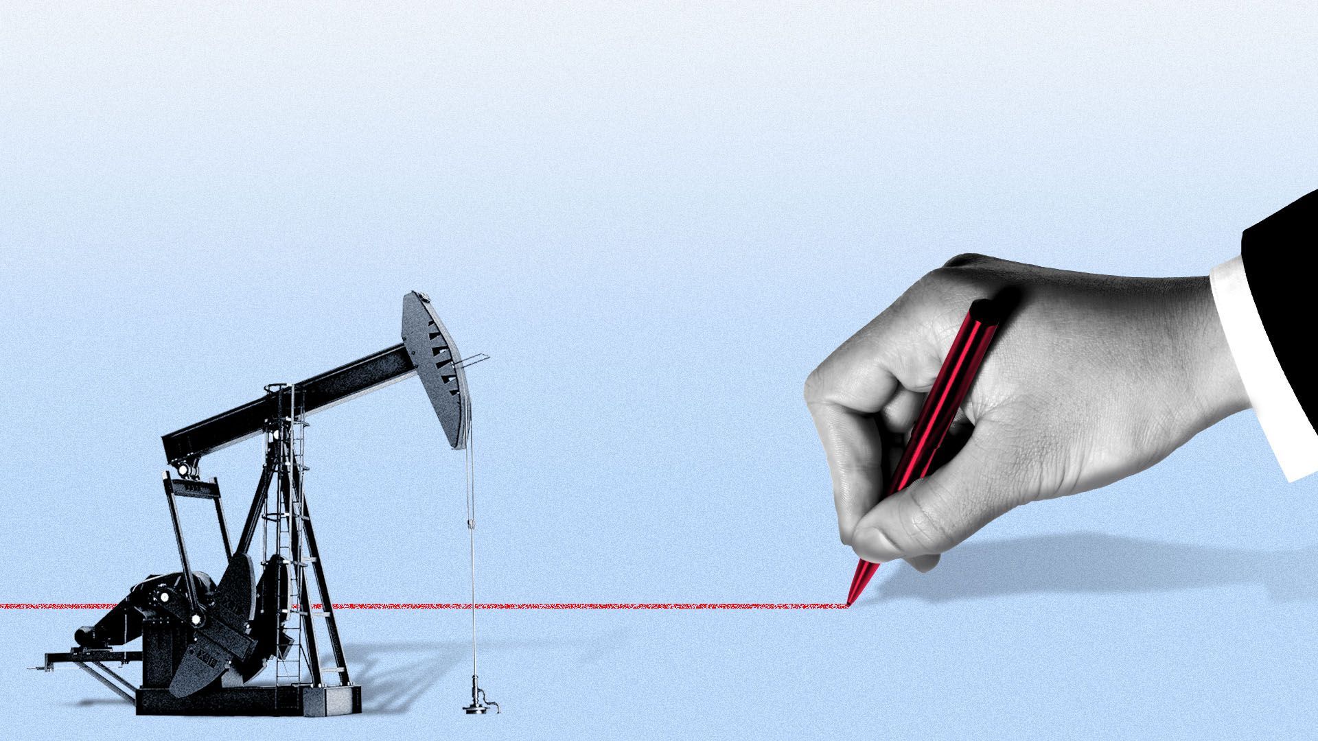 Illustration of a hand in a business suit drawing a red line in front of an oil rig