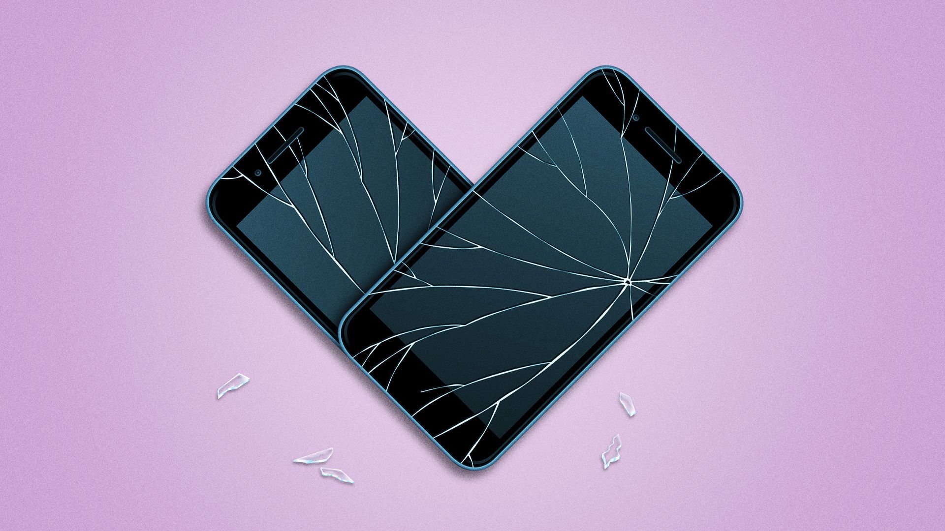Illustration of two broken phones that form a heart shape.