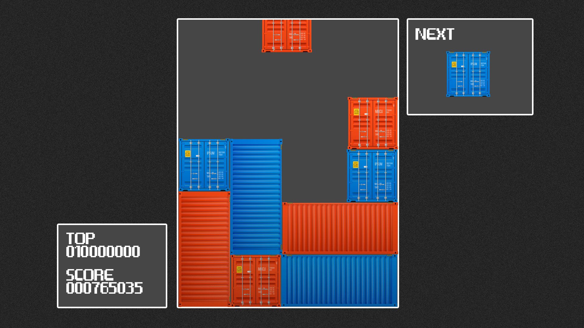 Illustration of a Tetris interface with red and blue shipping containers as the blocks.