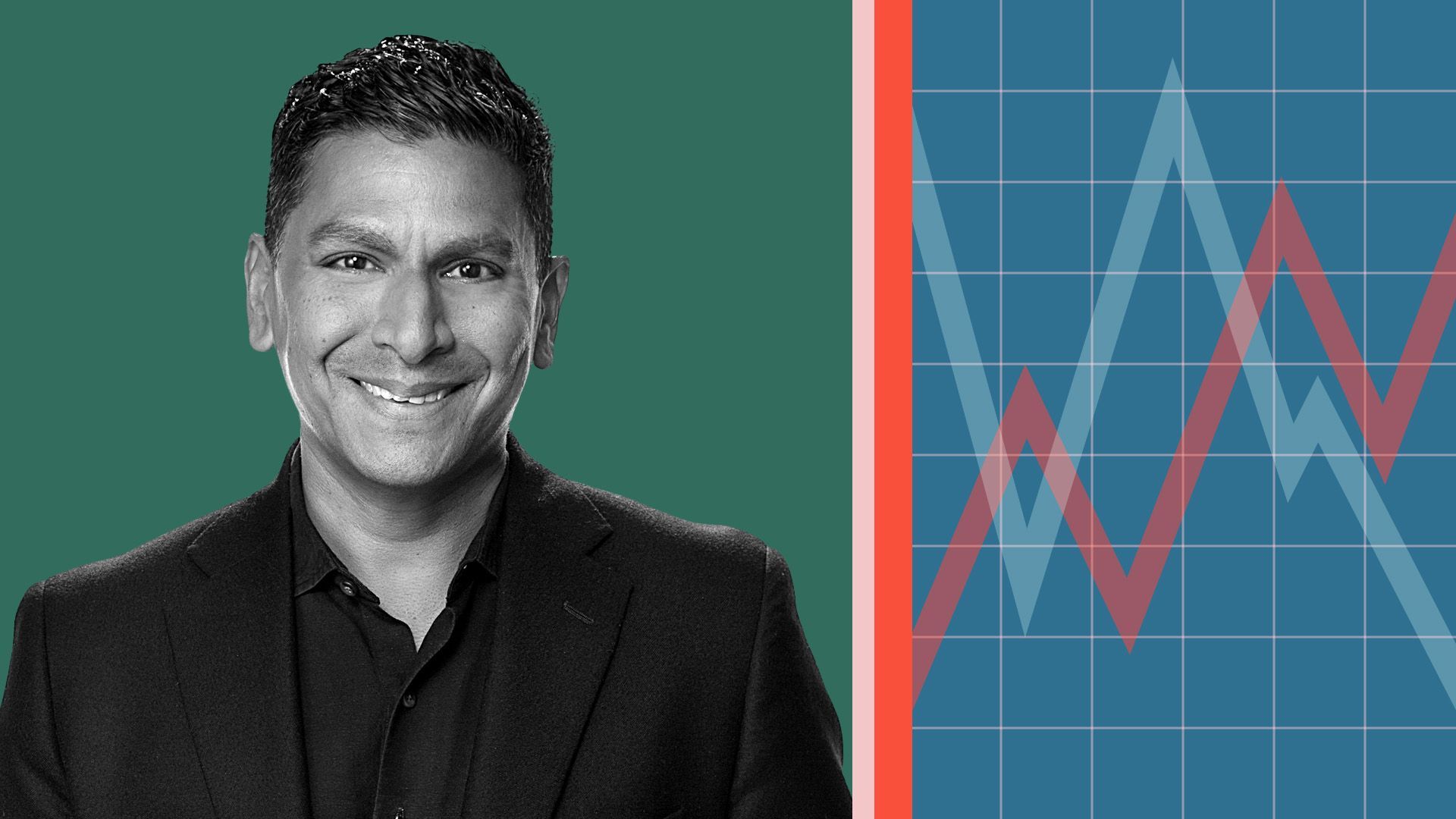 Photo illustration of SVP and Head of Communications for Dow Jones Ashok Sinh surrounded by various blocks of color and a set of trend lines