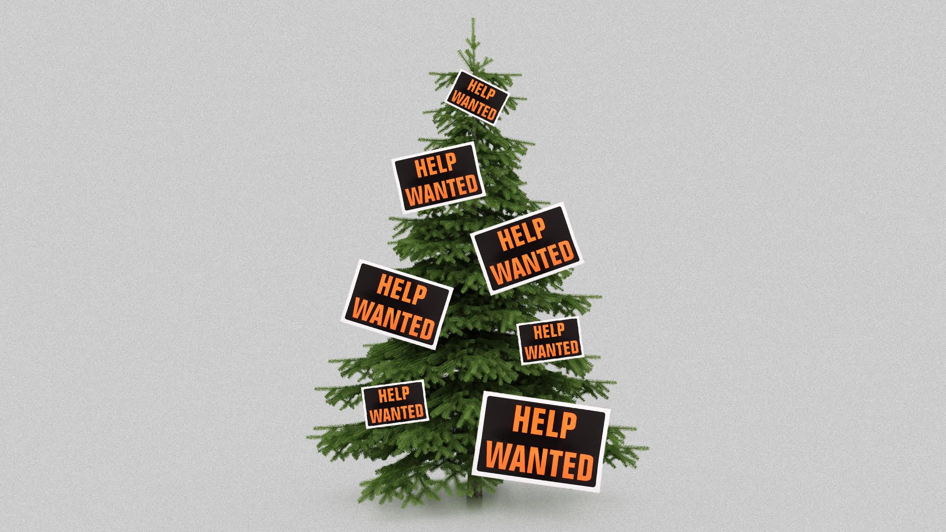 A Christmas tree with "help wanted" signs, instead of ornaments. 