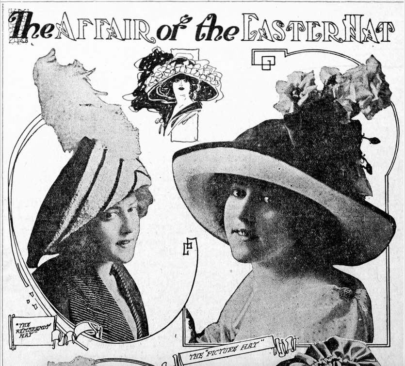 An old newspaper article headline "The Affair of the Easter Hat" with photos of two women in hats.