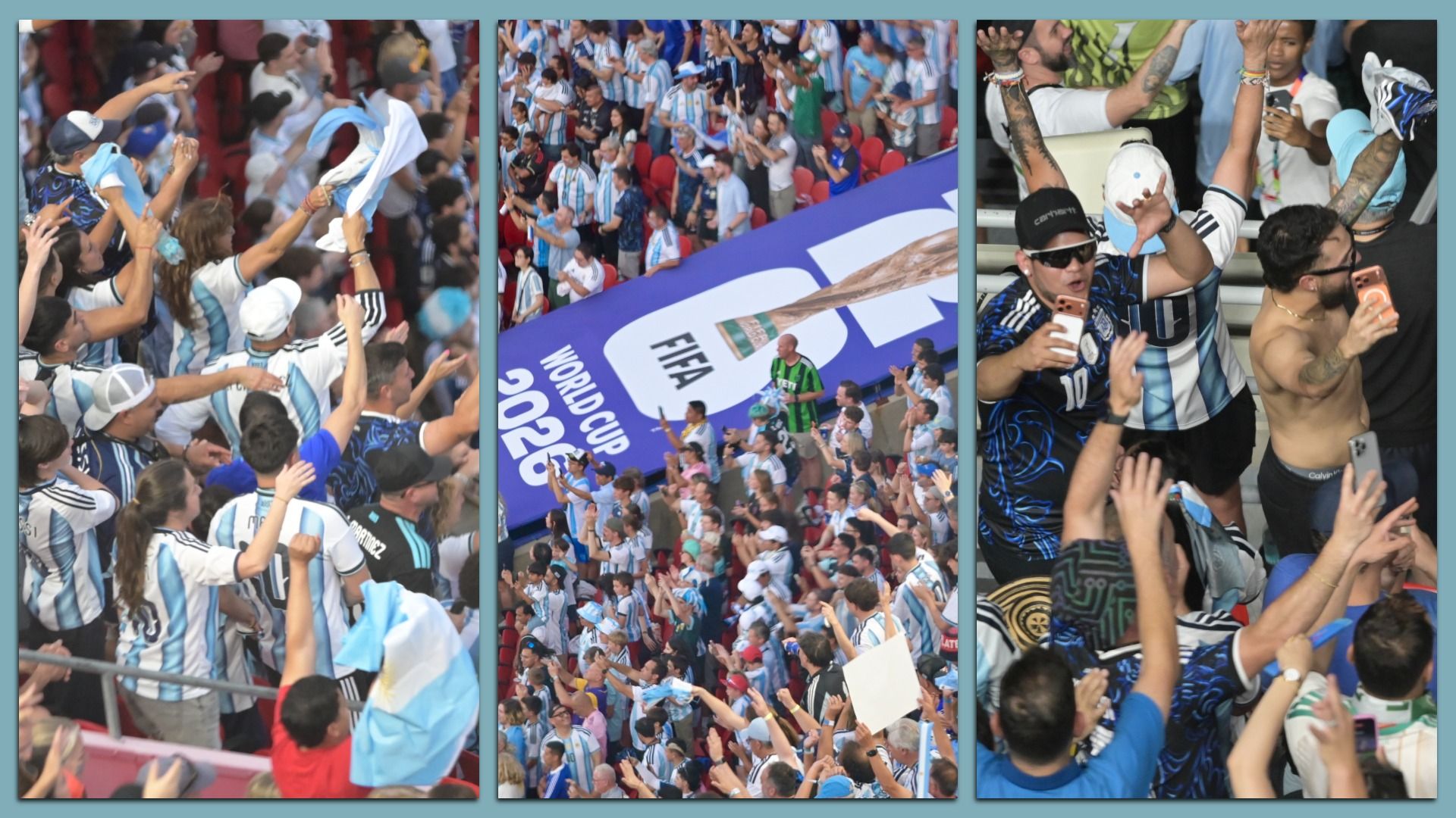 Three-panel collage of Argentina supporters in blue-and-white striped jerseys, cheering in a crowded stadium, waving scarves and phones; a large banner reads "FIFA World Cup 2022".