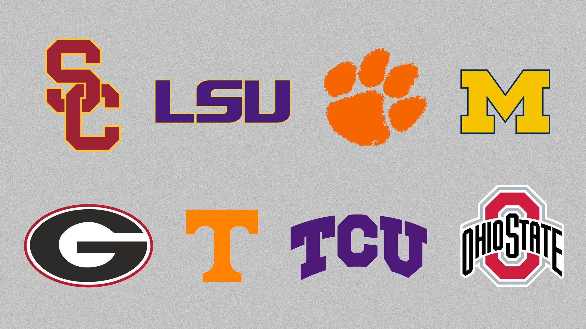 Photo illustration of the Georgia, Ohio State, Clemson, TCU, Tennessee, LSU, USC, and Michigan football logos