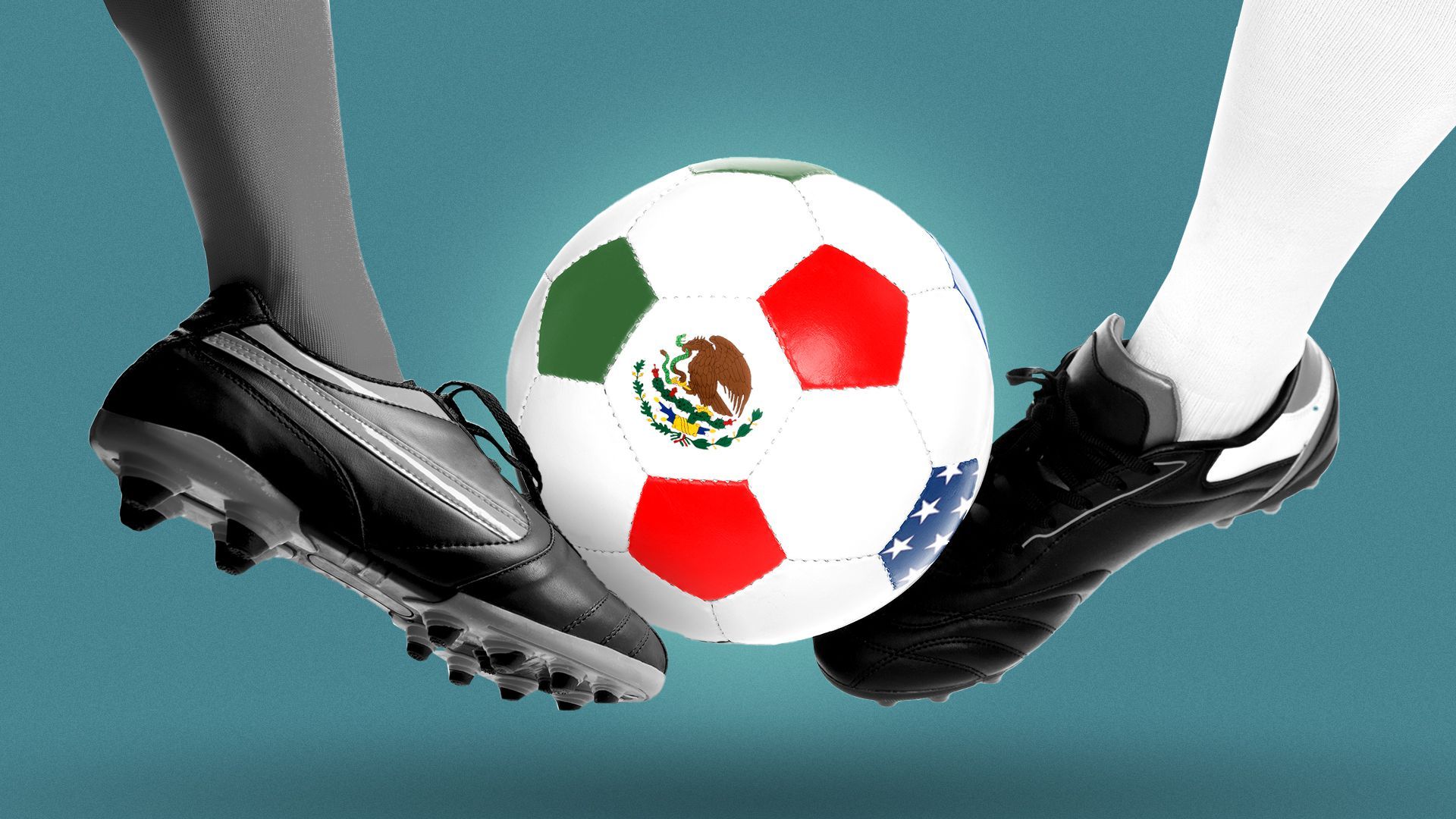 Illustration of two feet kicking a soccer ball which has colors and elements from both the U.S. and Mexico flags
